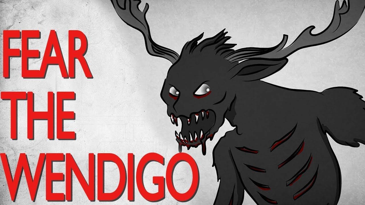 Wendigo 桌布 壁紙 — 一隻帶有發光紅眼和鹿角的威脅性黑色溫迪戈，聳立在紋理灰色牆壁前，牆上有粗體紅色文字宣告「FEAR THE WENDIGO」。