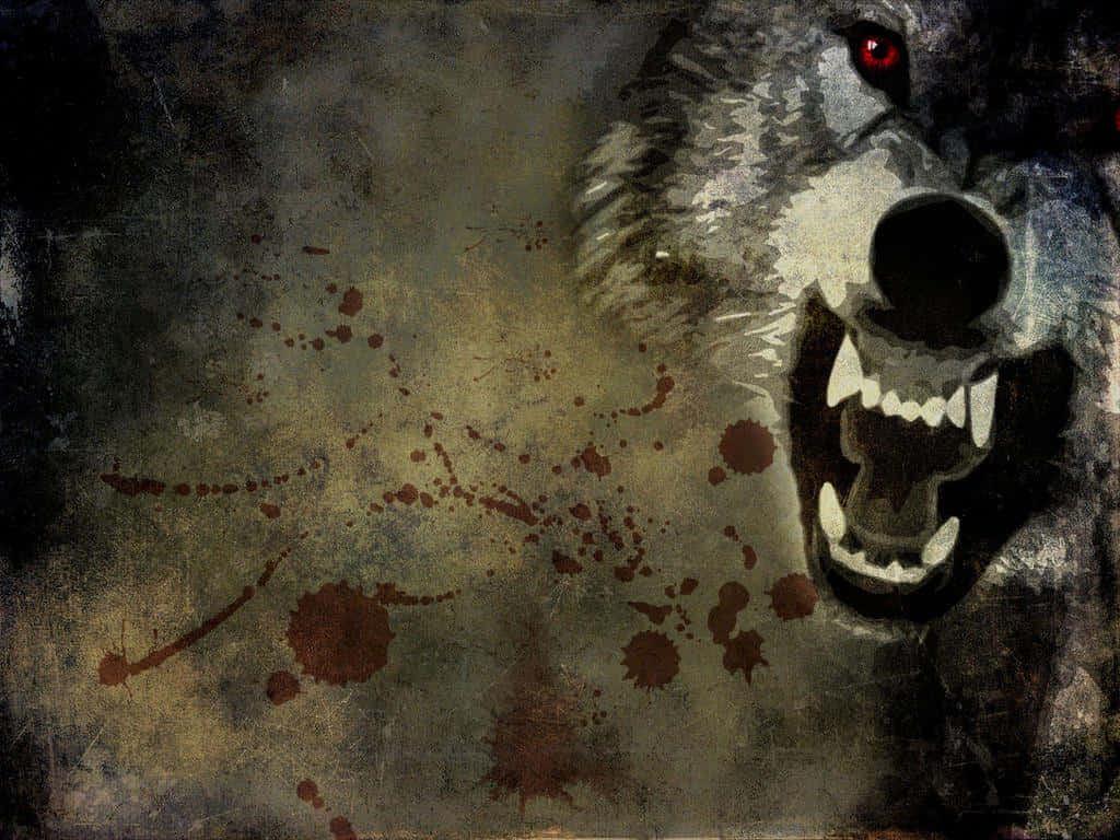 Angry Wolf 桌布 壁紙 — 一隻帶有發光紅眼的兇猛狼在骯髒的背景上咆哮，背景上濺滿了深色血跡。