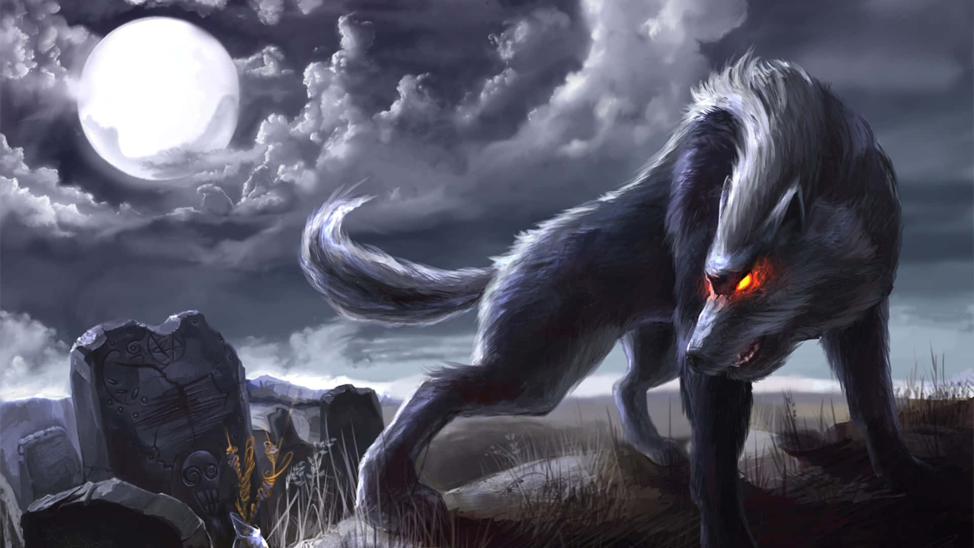 Angry Wolf 桌布 壁紙 — 一隻帶有發光紅眼的可怕狼人在多雲天空下的月光墓園中徘徊。