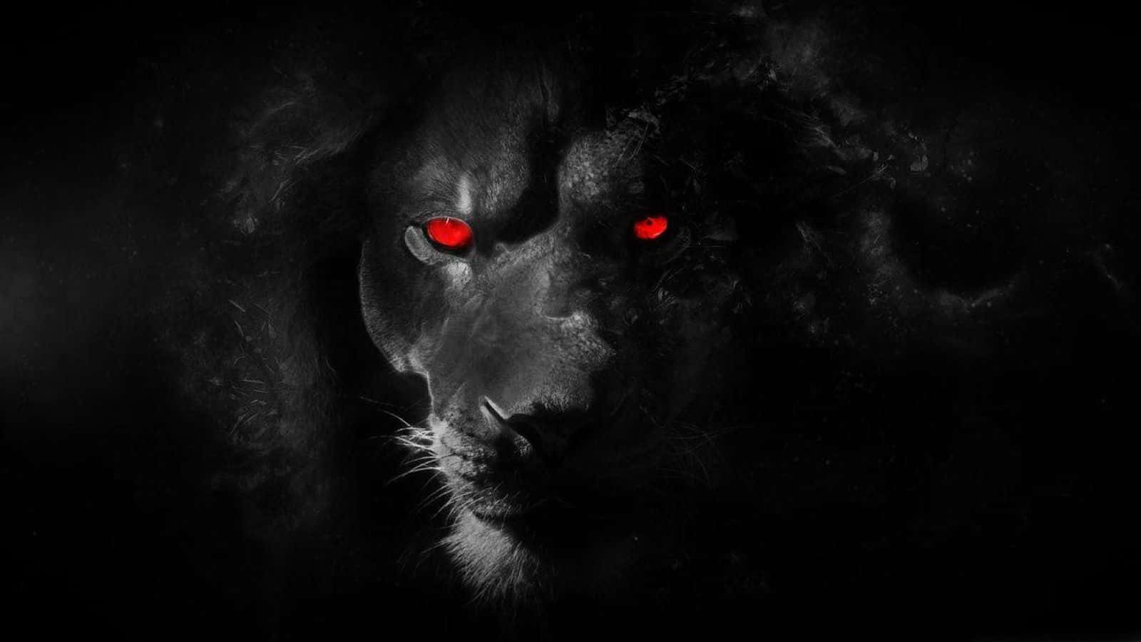 Black Lion 桌布 壁紙 — 一隻帶有發光紅眼的威嚇黑獅，在黑暗煙霧背景中強烈凝視。