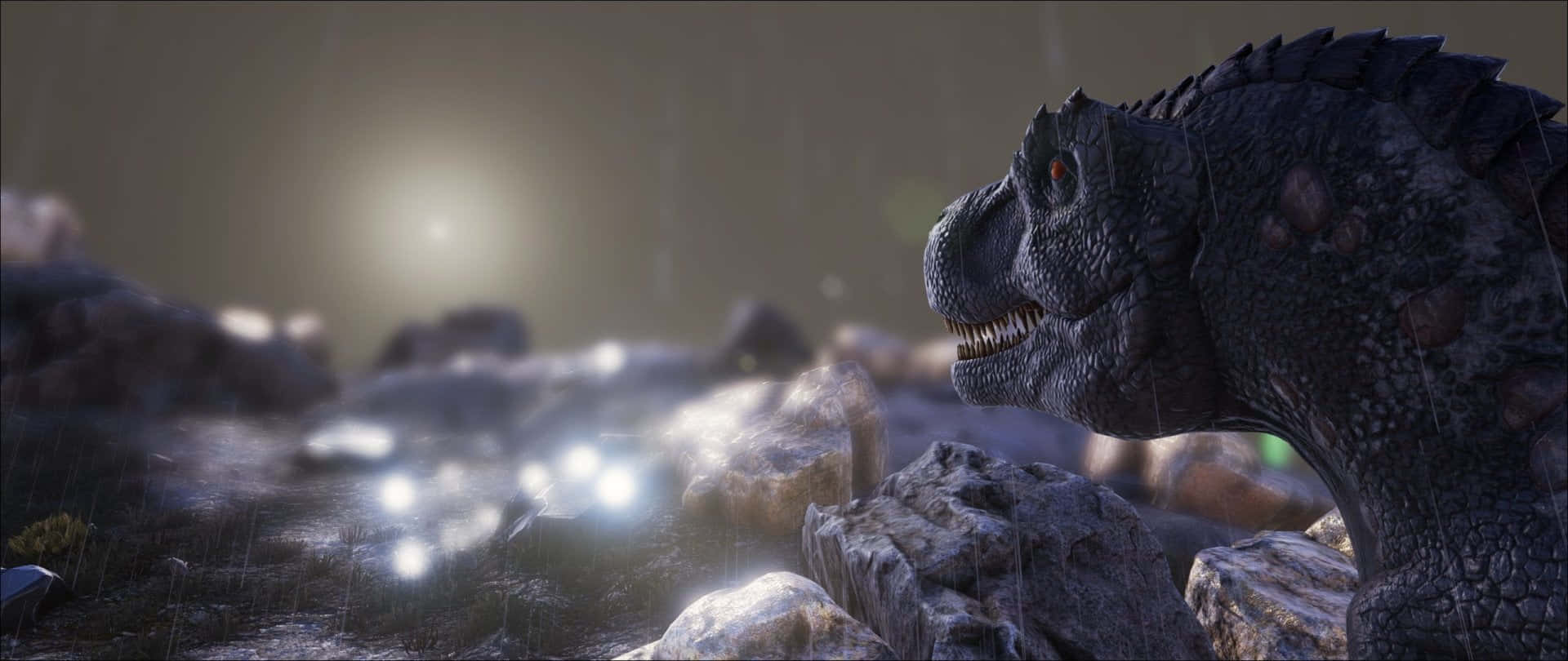 Cool Dinosaur 桌布 壁紙 — 一隻帶有發光紅眼的威脅性暗色恐龍，站在潮濕的岩石間，天空朦朧有陽光。