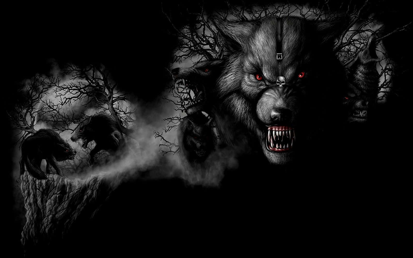 Cool Dark Desktop 桌布 壁紙 — 一隻帶有發光紅眼的威脅性狼人在黑暗扭曲的樹木和霧影中咆哮。