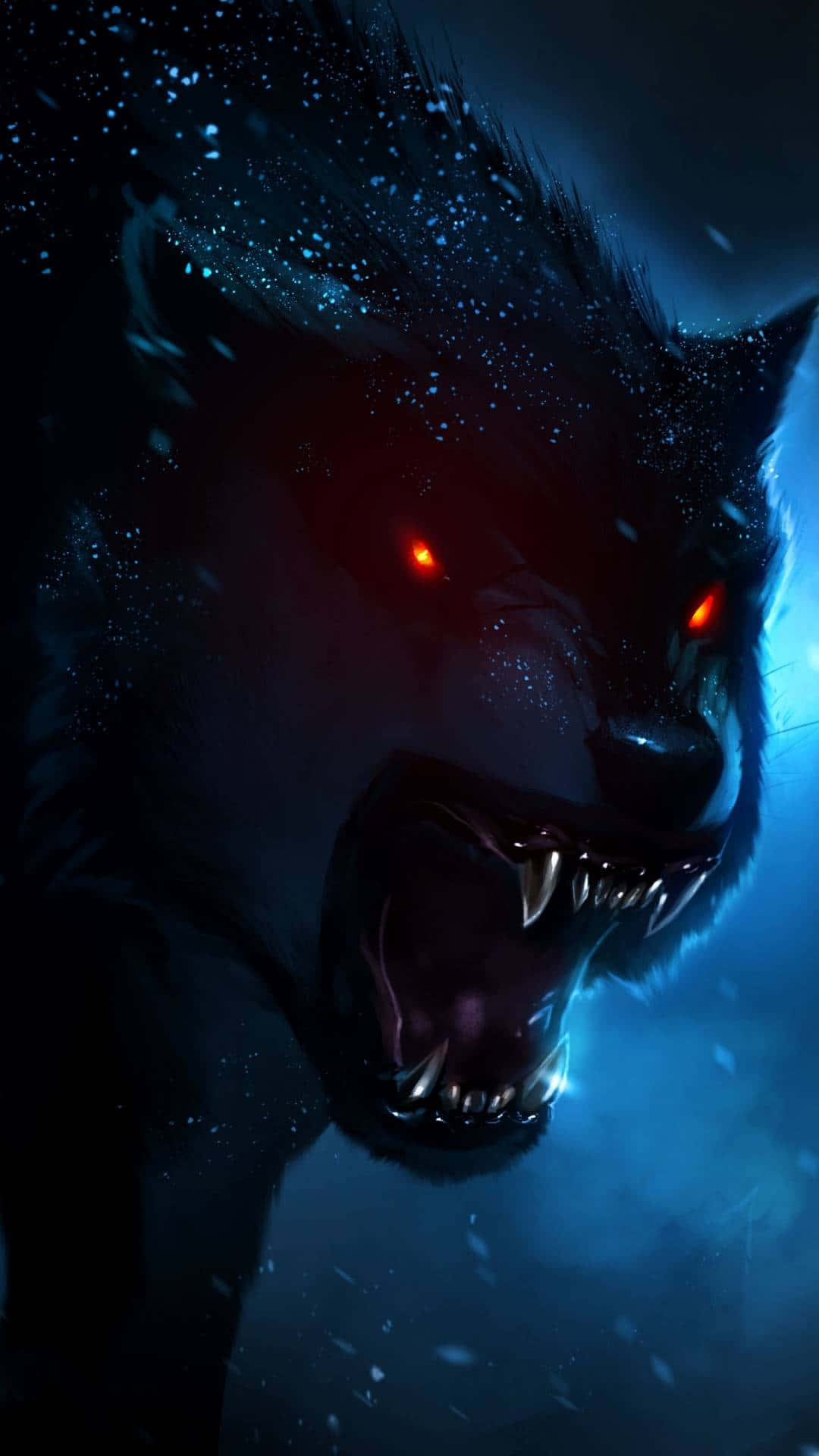 Angry Wolf 桌布 壁紙 — 一隻帶有發光紅眼的威脅性狼在雪夜中咆哮，被怪異的藍光照亮。