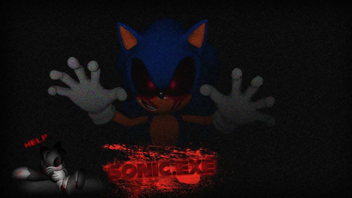 Sonic Exe 桌布 壁紙 — 一隻帶有發光紅眼的威脅性藍色刺蝟在黑暗場景中伸出手，旁邊是受驚的塔爾斯和紅色的「SONIC.EXE」文字。