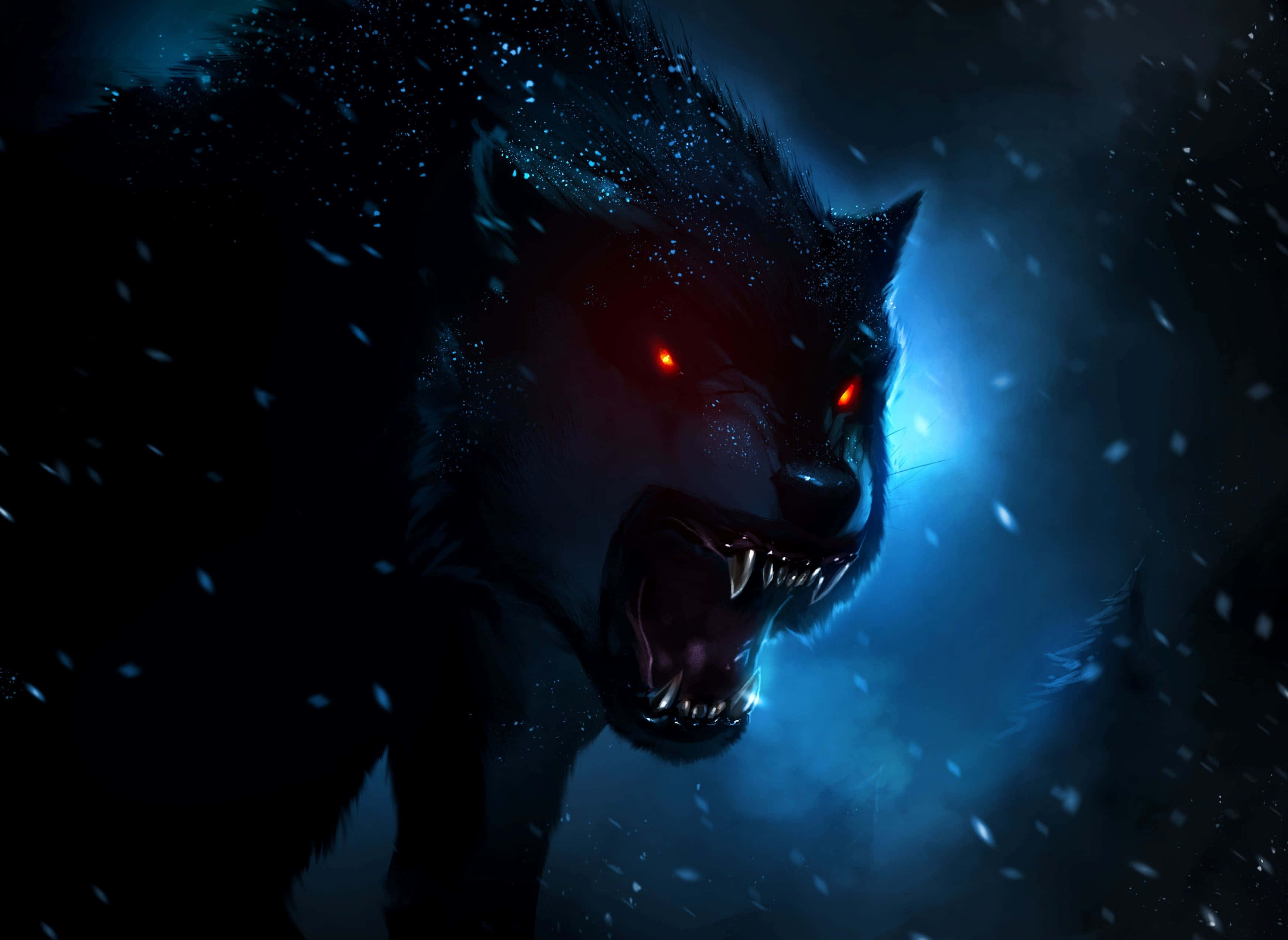 Red Wolf 桌布 壁紙 — 一隻帶有發光紅眼的威脅性黑狼在雪夜中咆哮，被詭異的藍光照亮。