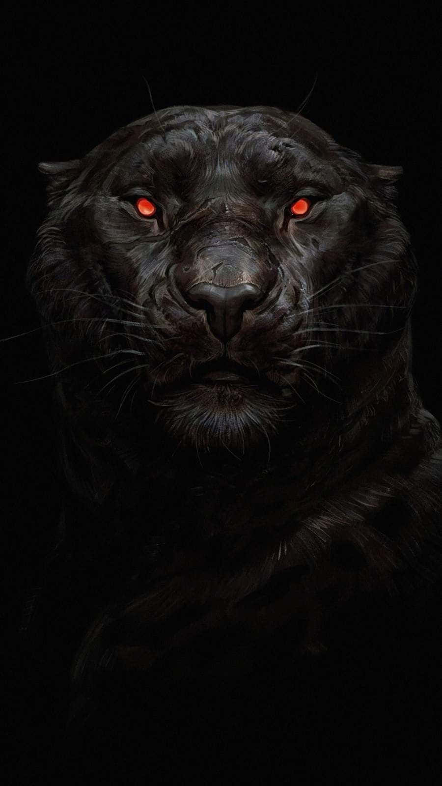 Jaguar 桌布 壁紙 — 一隻帶有發光紅眼的威脅性黑豹在漆黑背景下向前凝視。