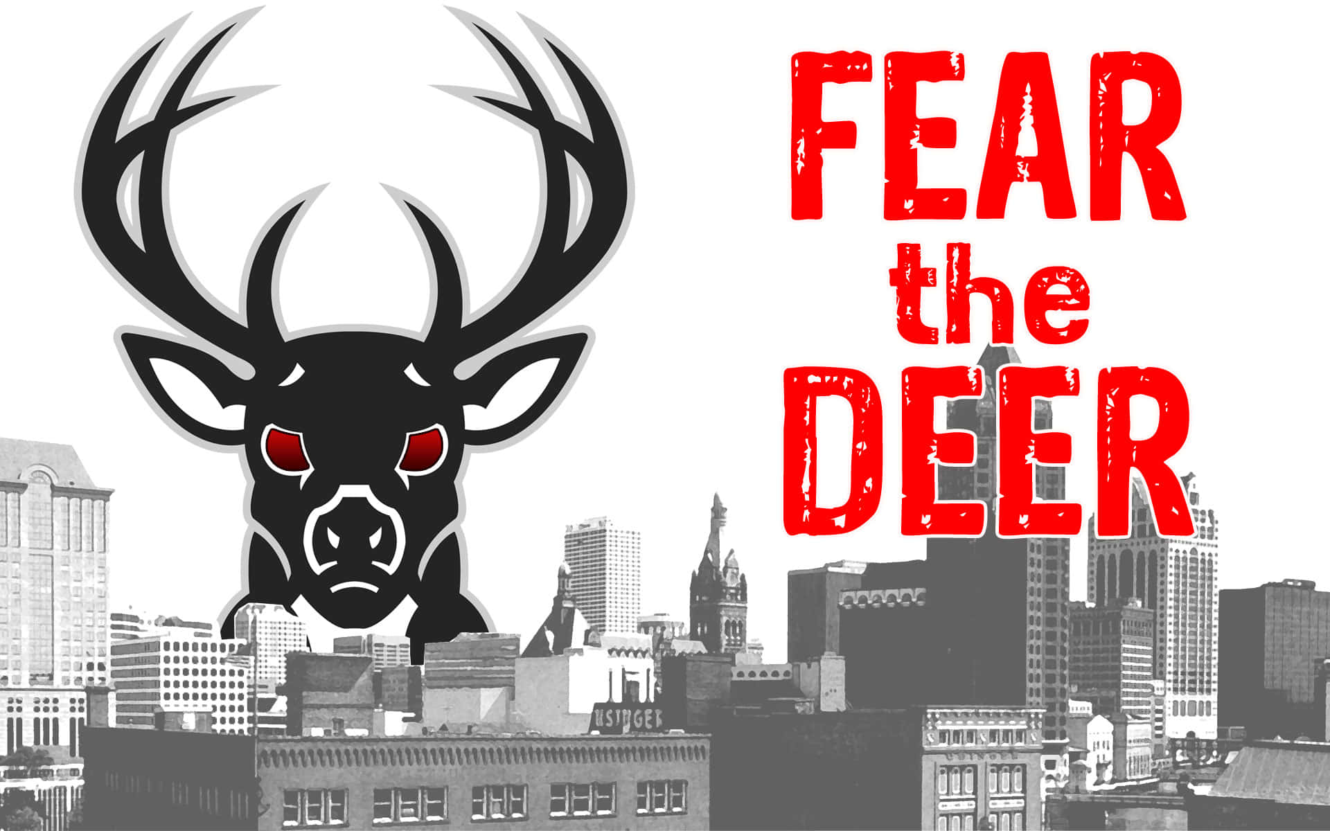 Milwaukee Bucks Logo 桌布 壁紙 — 一隻帶有發光紅眼的威脅性黑鹿，聳立在灰階城市景觀之上，旁邊是粗體紅色文字「FEAR the DEER」。