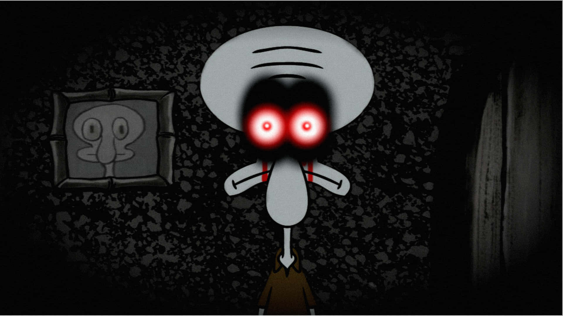 Creepypasta 桌布 壁紙 — 一隻帶有發光紅眼睛的威脅性卡通魷魚站在黑暗的房間裡，旁邊掛著自己的裱框肖像。