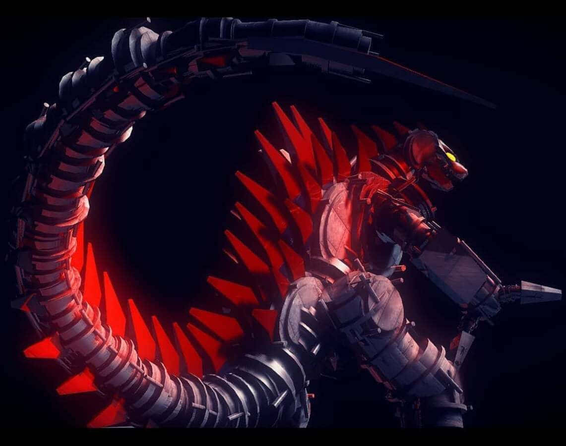 Robot Godzilla 桌布 壁紙 — 一隻帶有發光紅色尖刺和盤繞尾巴的威脅性生物機械怪獸，在黑暗虛空中若隱若現。