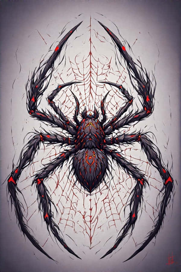 Arachnid 桌布 壁紙 — 一隻帶有發光紅色標記和尖銳刺的威脅性黑色蜘蛛，坐在一個破裂的蜘蛛網中央，背景是柔和的灰色。