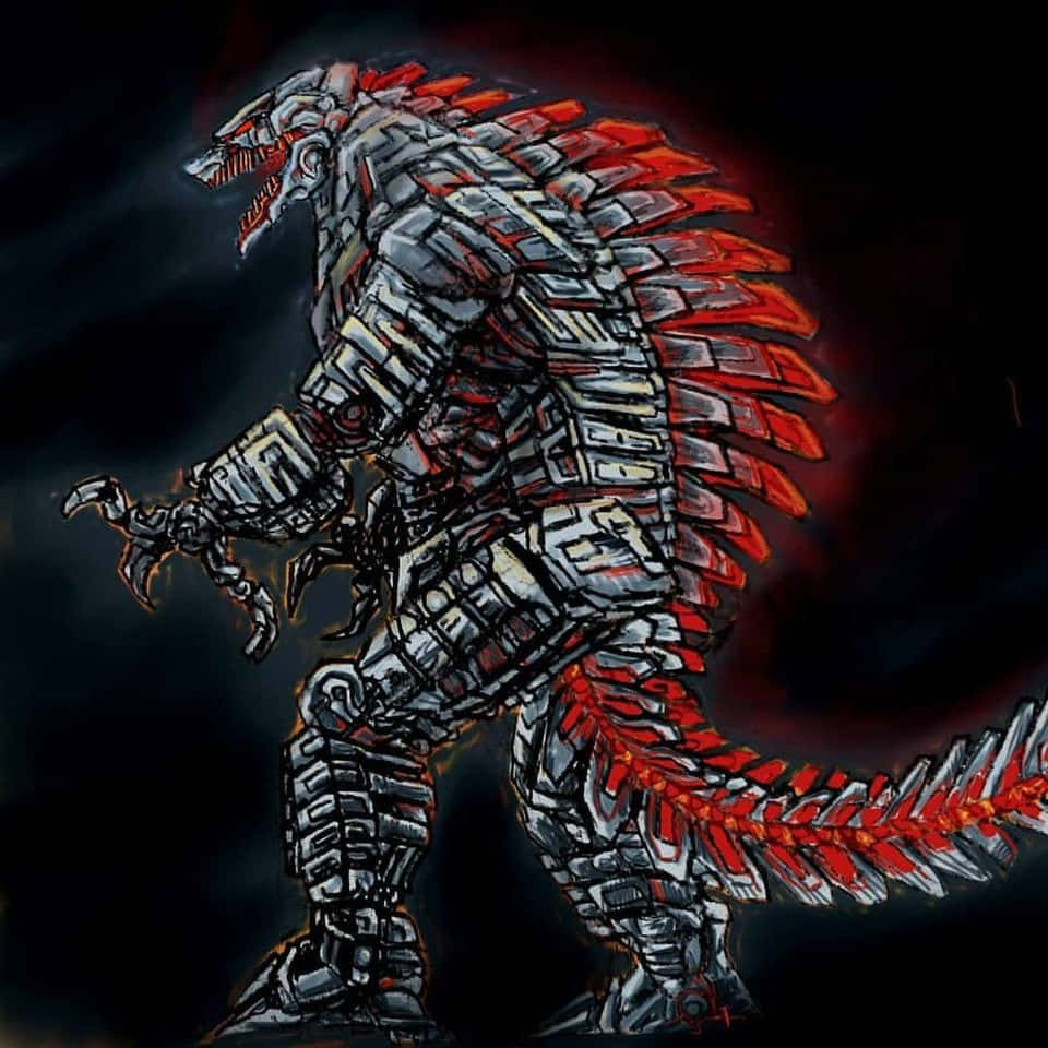 Robot Godzilla 桌布 壁紙 — 一隻帶有發光紅色背鰭和鋸齒狀金屬裝甲的兇猛生化哥吉拉，站在黑暗煙霧背景前。