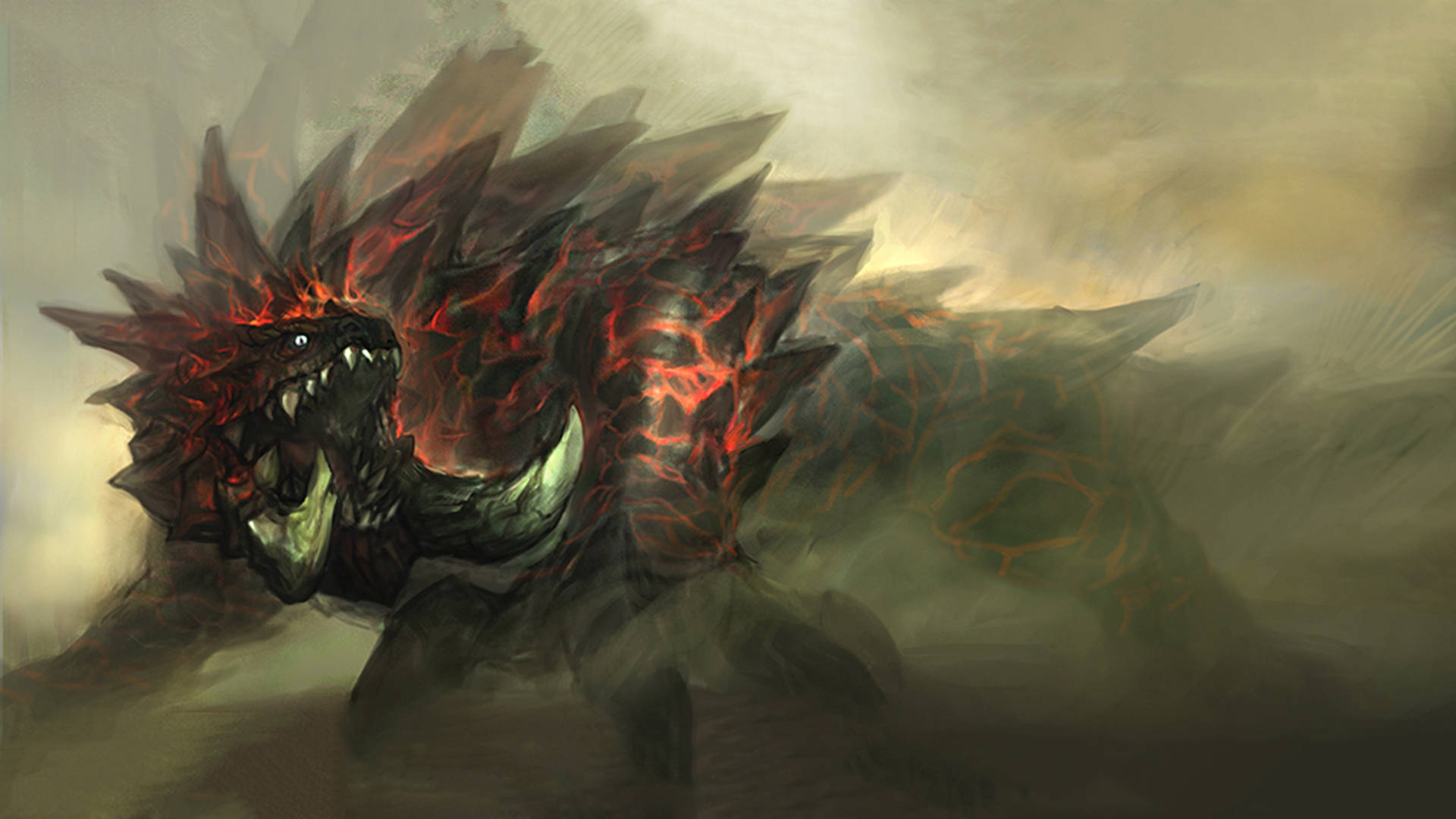 Monster Hunter 桌布 壁紙 — 一隻帶有發光紅色血管的威脅性尖刺龍在煙霧瀰漫的戰場上咆哮。