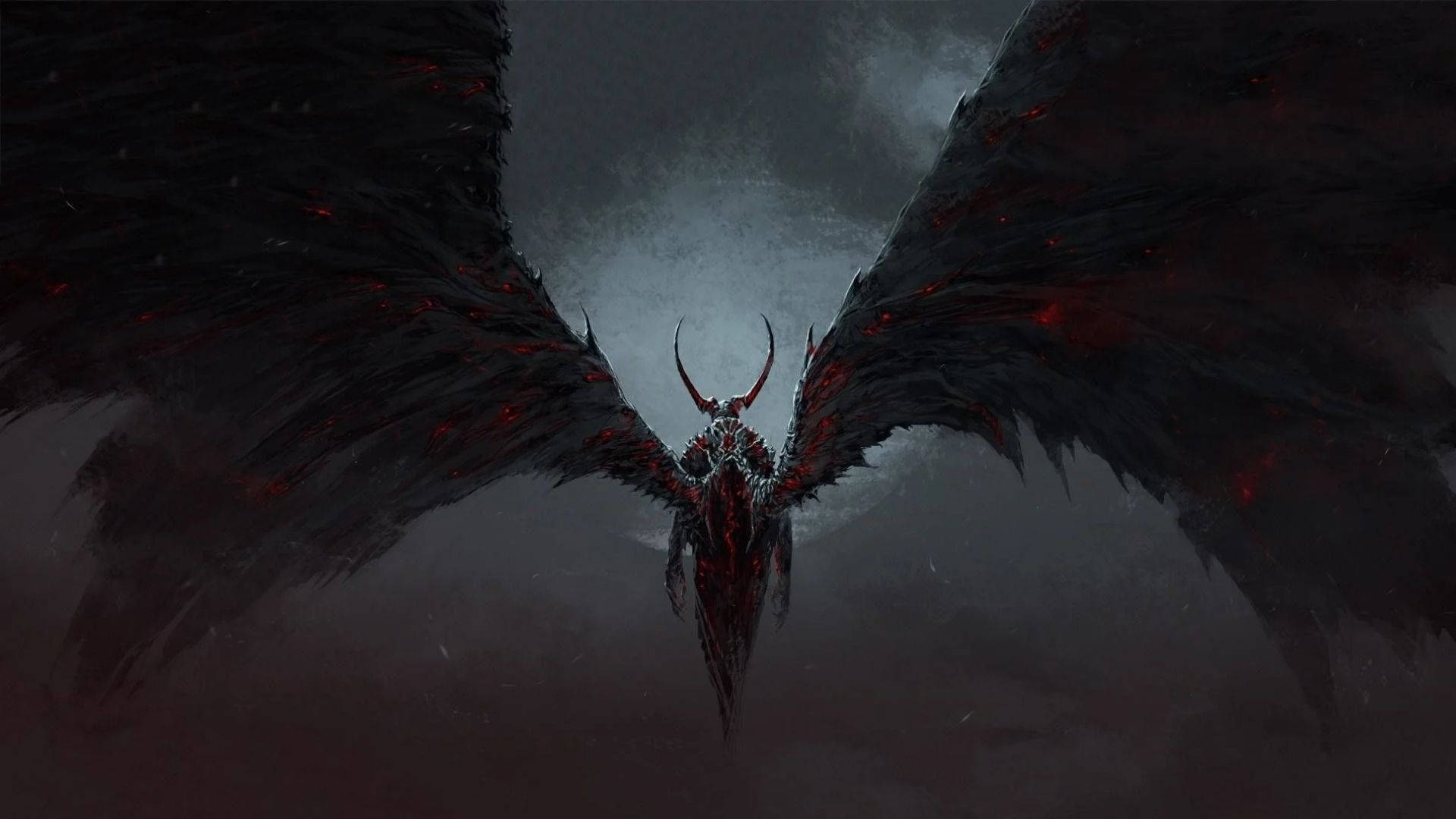 惡魔 桌布 壁紙 — 一隻帶有發光紅色血管的威脅性黑翼惡魔在暴風雨的灰色天空中翱翔。