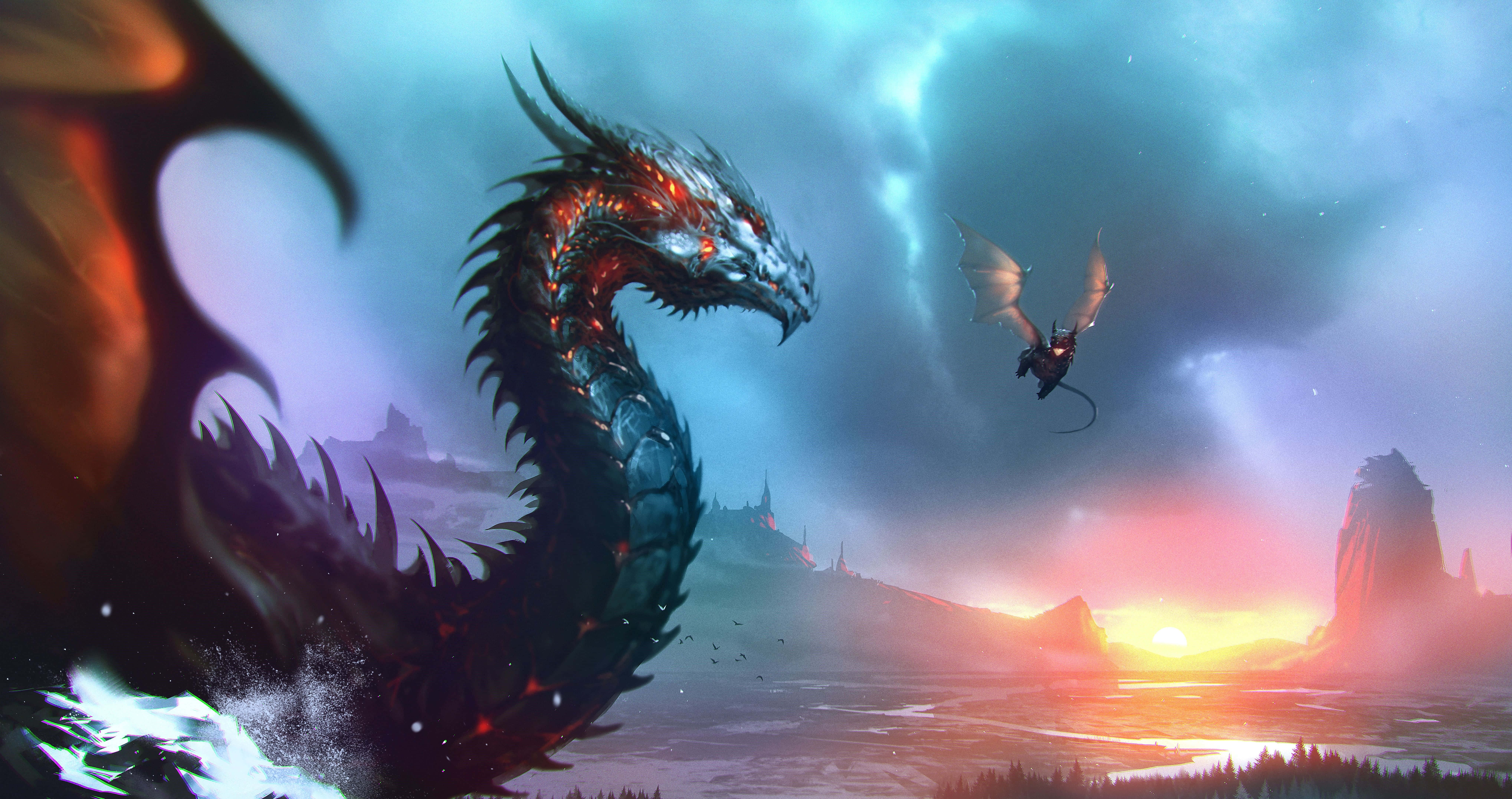 Mythical Dragon 桌布 壁紙 — 一隻帶有發光紅色血管的巨大金屬龍聳立在日落景觀之上，附近有一個小騎手騎著龍飛翔。
