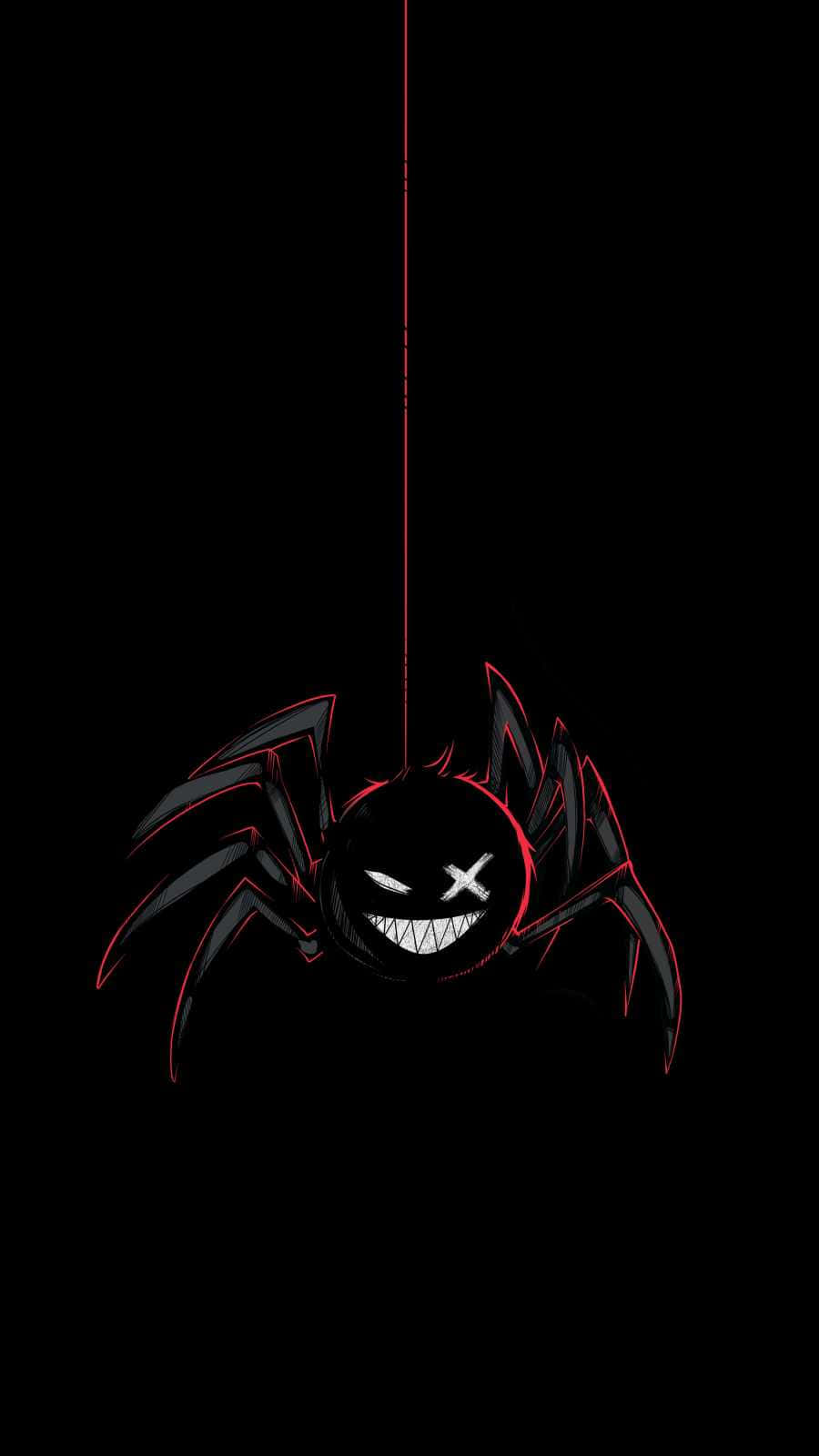 Spider 桌布 壁紙 — 一隻帶有發光紅色輪廓和咧嘴笑臉的威脅性卡通蜘蛛，掛在一條細紅線上，背景是漆黑的。