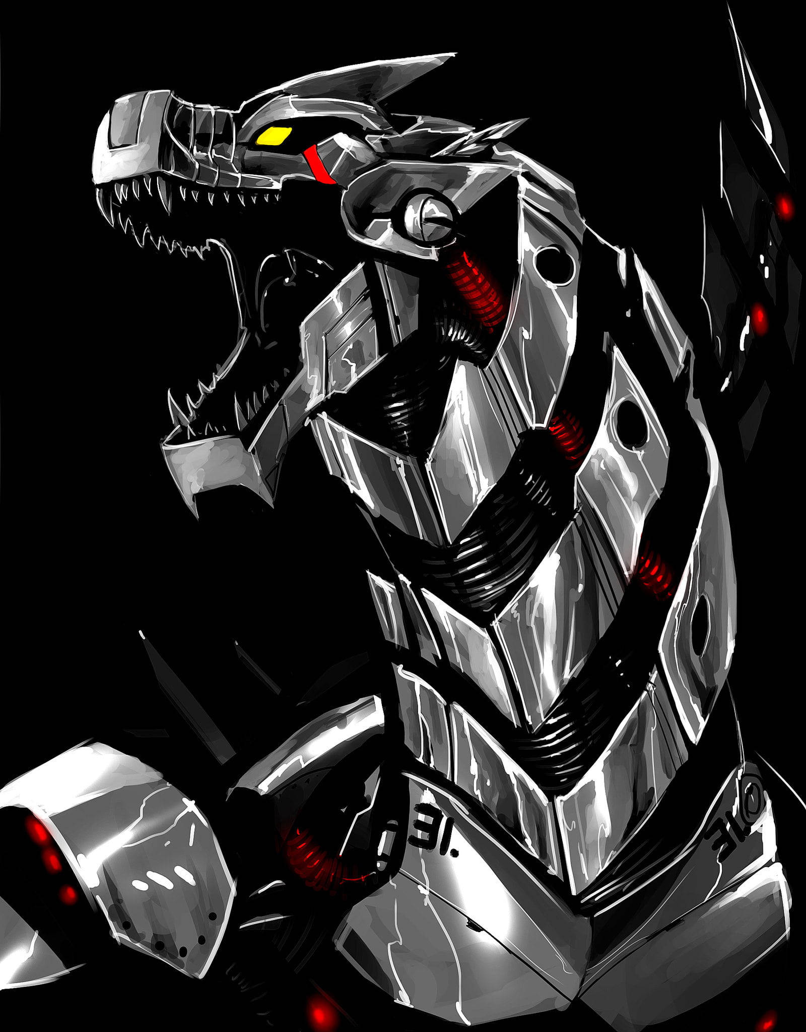 mechagodzilla 桌布 壁紙 — 一隻帶有發光紅黃色眼睛的威脅性金屬恐龍在黑色背景上咆哮。