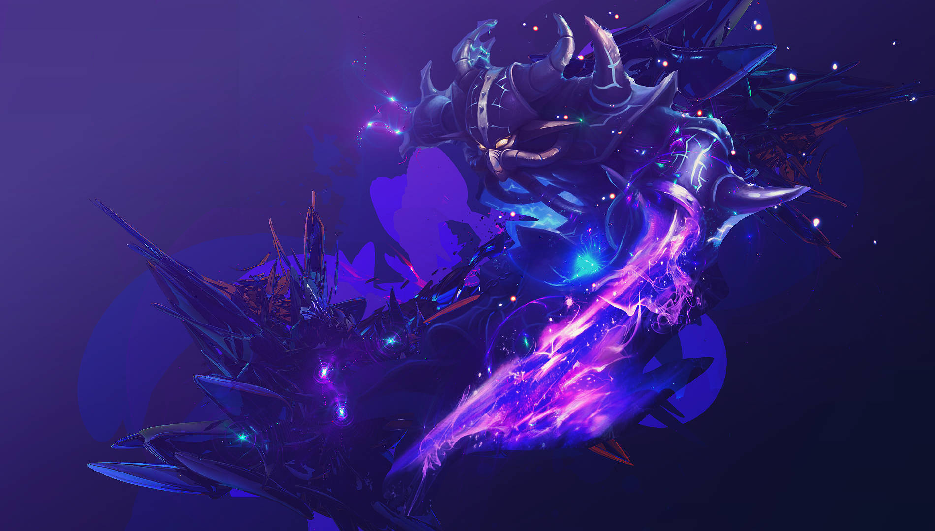 Purple Gaming 桌布 壁紙 — 一隻帶有發光紫色和藍色能量斬擊的威脅性黑暗巨龍，劃過充滿漂浮粒子的宇宙虛空。