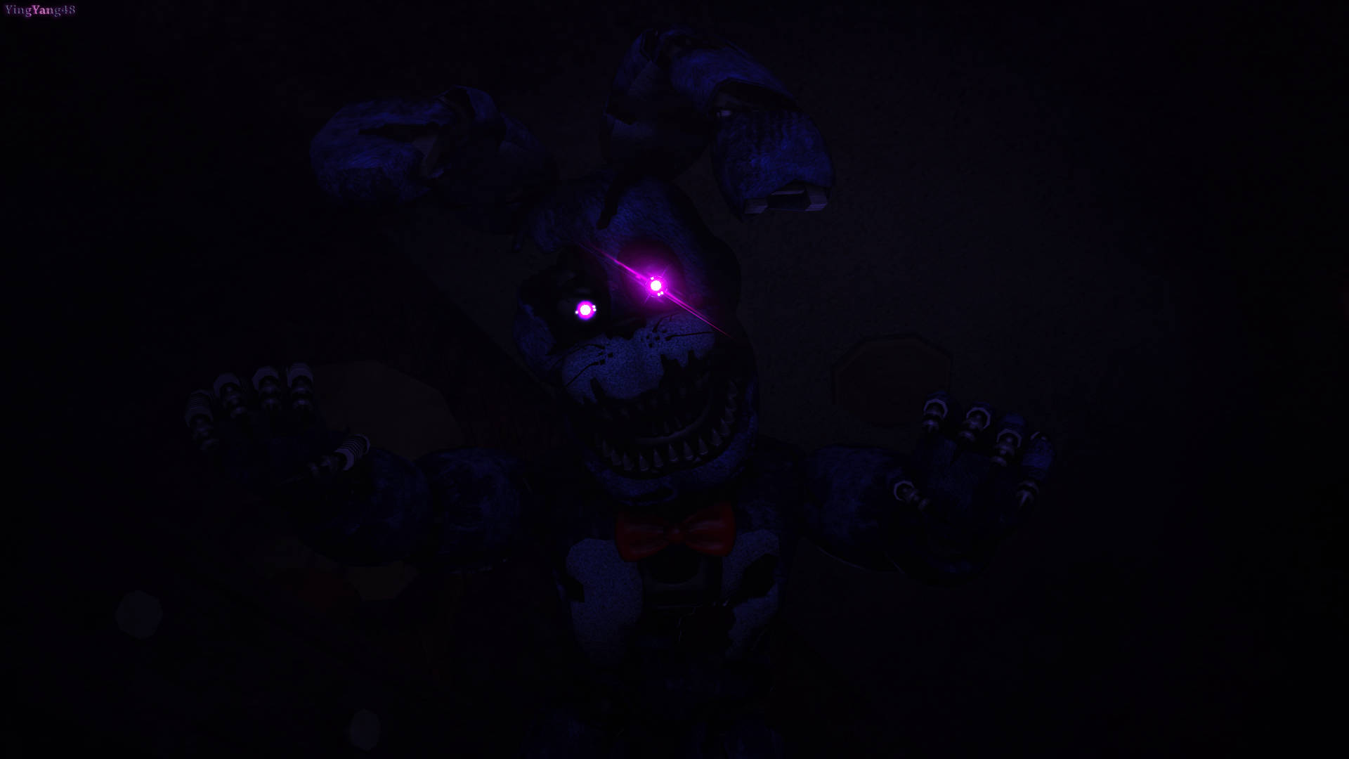 Nightmare Freddy 桌布 壁紙 — 一隻帶有發光紫色眼睛和紅色蝴蝶結的威脅性藍色電子兔在黑暗中若隱若現。