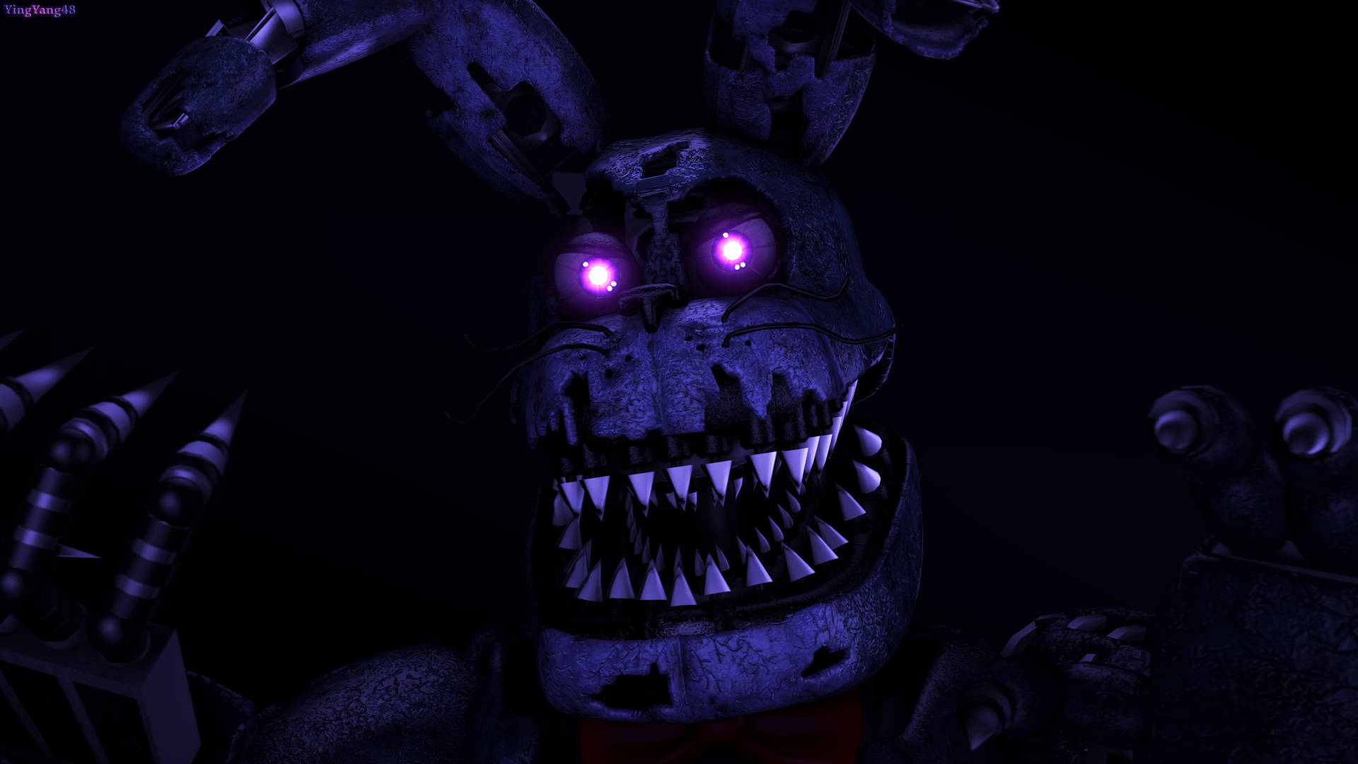 Nightmare Freddy 桌布 壁紙 — 一隻帶有發光紫色眼睛和鋒利牙齒的威脅性電子動畫兔子潛伏在黑暗中。