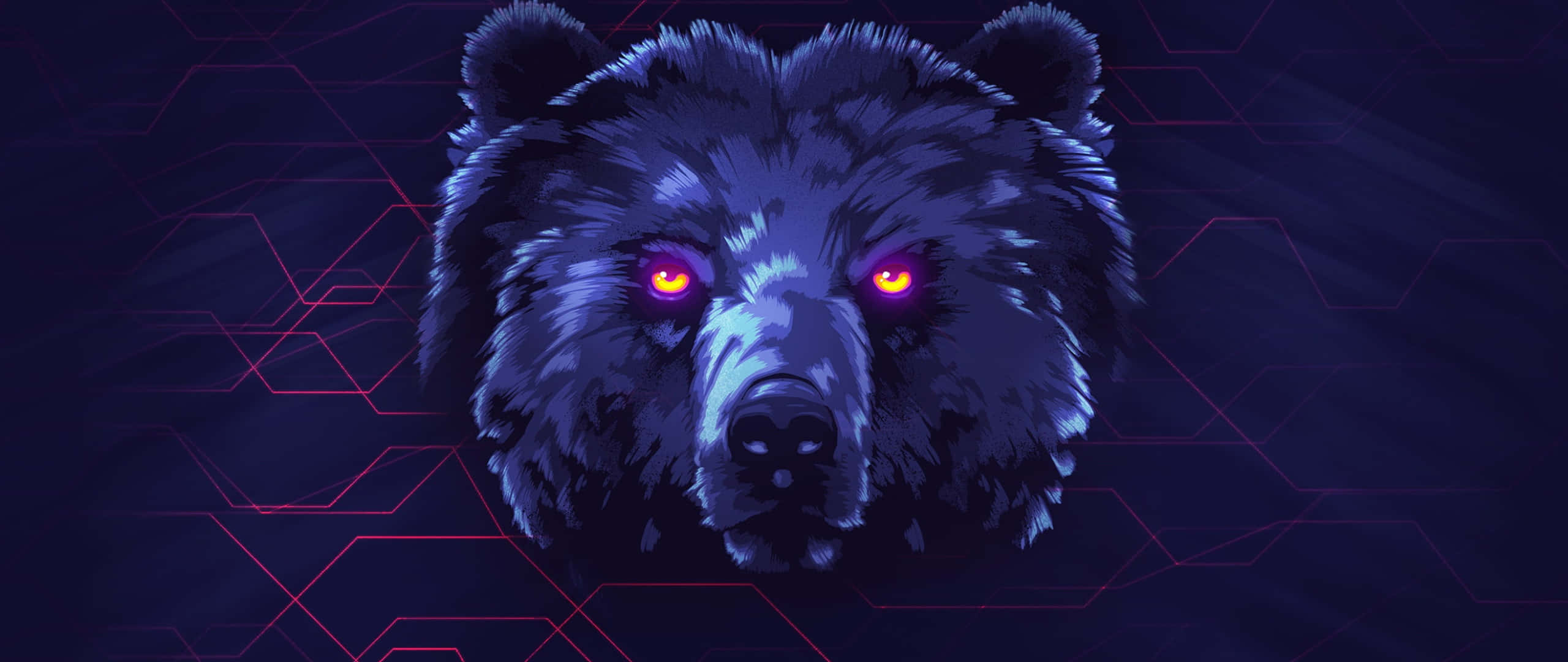 Bear Head 桌布 壁紙 — 一隻帶有發光紫色眼睛的賽博龐克熊，在帶有霓虹粉紅色幾何線條的深藍色背景上強烈凝視。