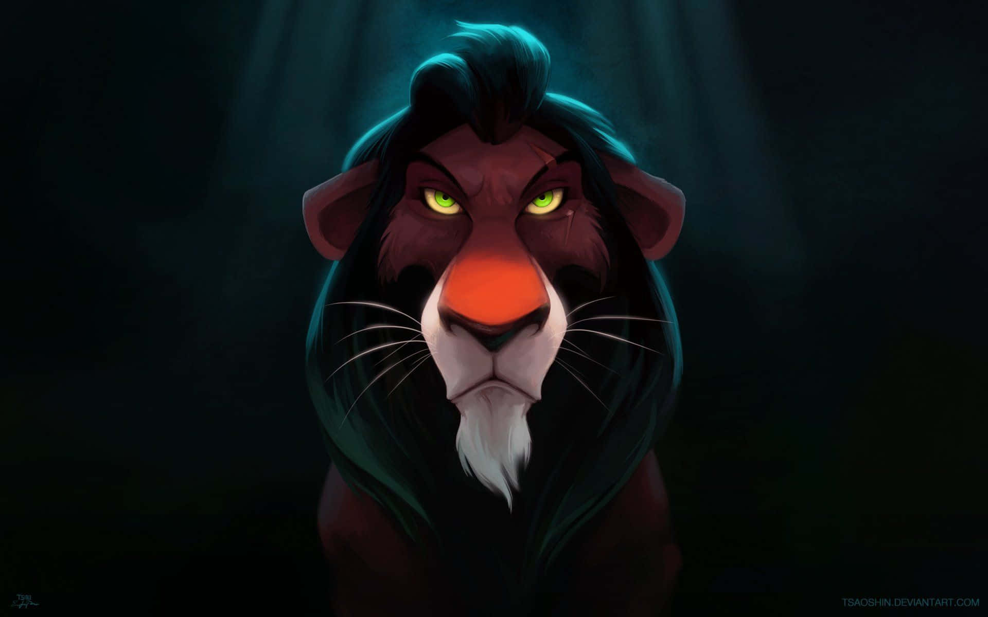 Lion King Scar 桌布 壁紙 — 一隻帶有發光綠色眼睛和深色鬃毛的威嚇獅子，在陰影和聚光燈的環境中強烈凝視。