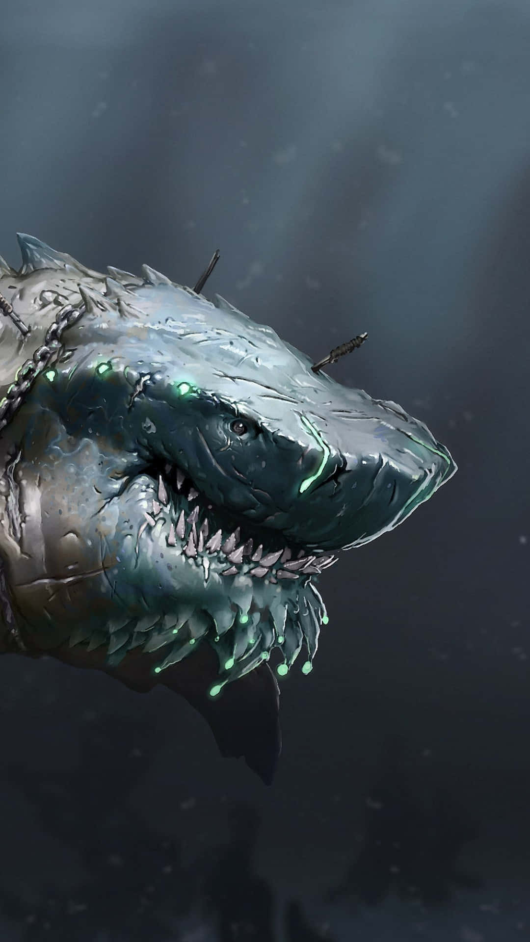 鯊魚 桌布 壁紙 — 一隻帶有發光綠色眼睛和牙齒的威脅性裝甲鯊魚在渾濁的黑暗水中游泳。