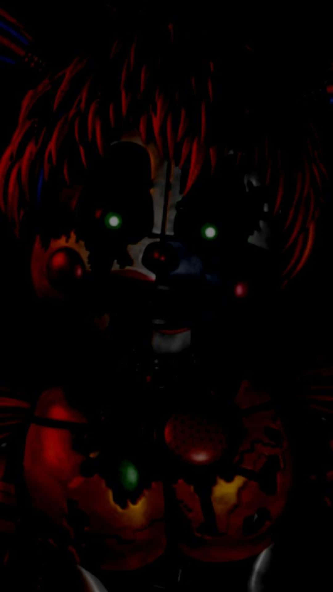 Scary Fnaf 桌布 壁紙 — 一隻帶有發光綠色眼睛和紅色頭髮的威脅性電子熊潛伏在黑暗中。