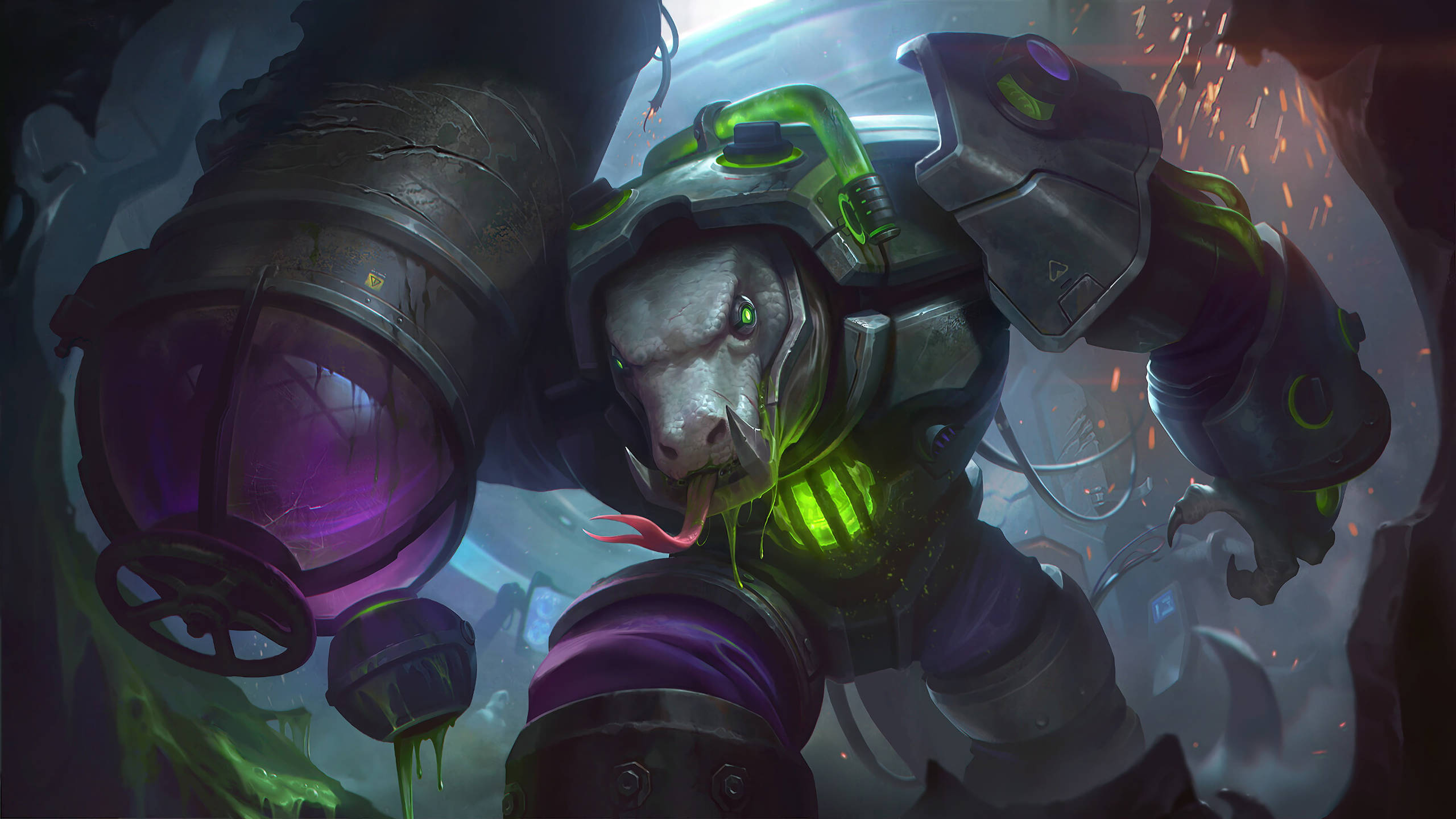 Mobile Legends 動態圖 桌布 壁紙 — 一隻帶有發光綠色眼睛和紫色大砲的威脅性裝甲老鼠在黑暗的工業環境中向前猛衝。