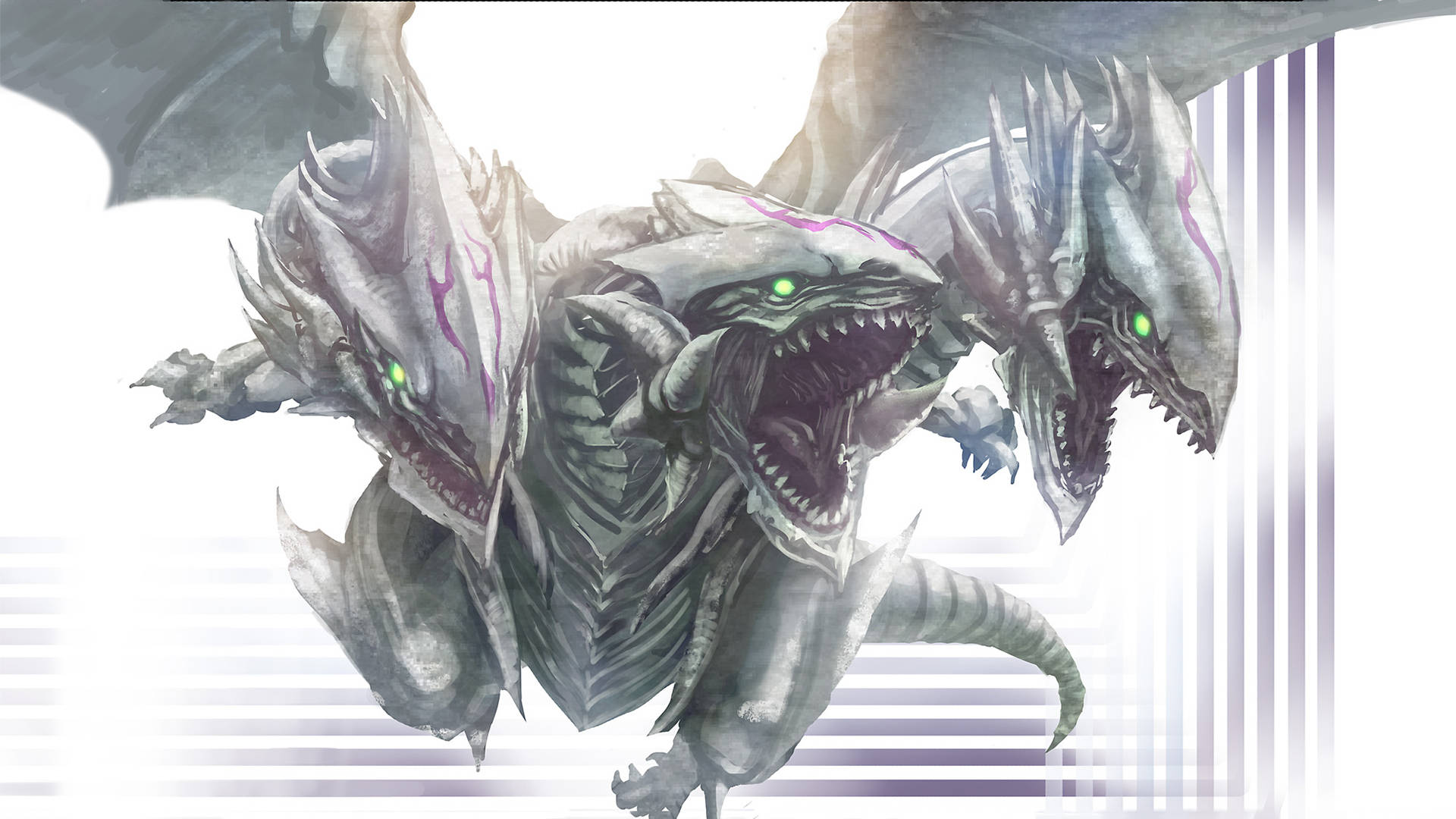 Yugioh 桌布 壁紙 — 一隻帶有發光綠色眼睛和紫色標記的威脅性三頭龍，在明亮的條紋背景上咆哮。