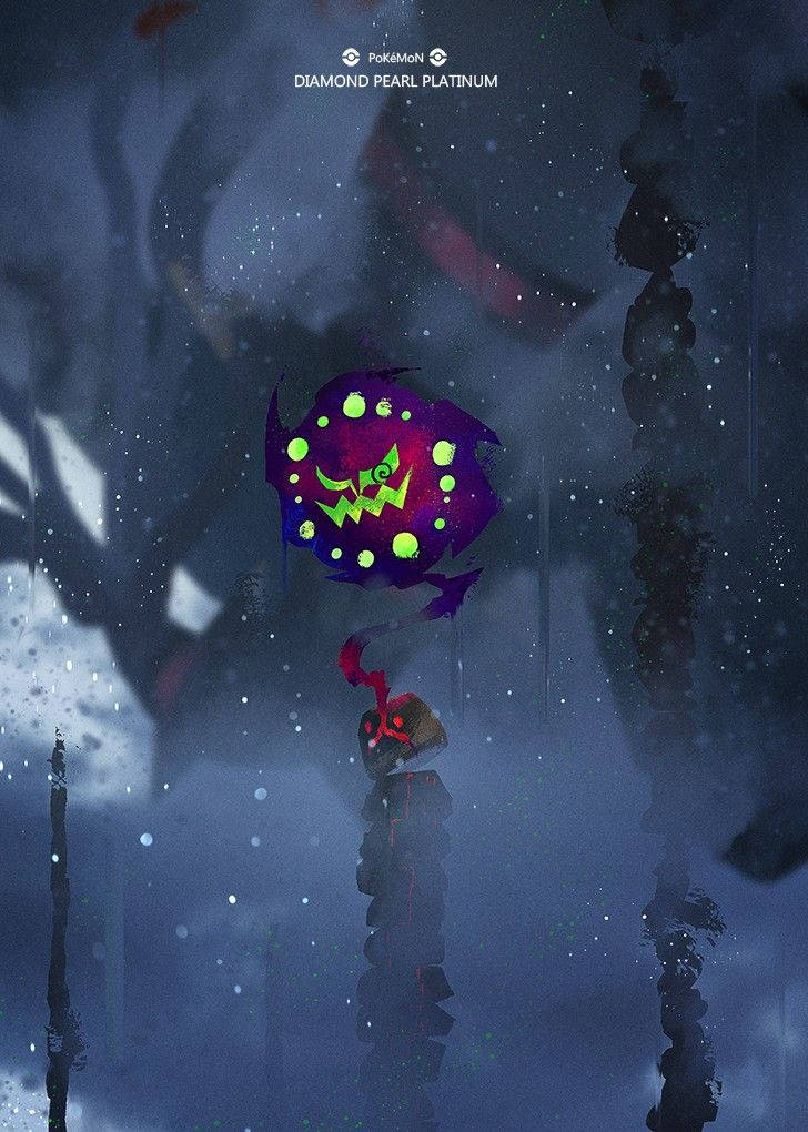 雪 桌布 壁紙 — 一隻帶有發光綠色眼睛和鋸齒狀牙齒的威脅性紫色寶可夢漂浮在一個有浮動岩石和怪異照明的黑暗霧氣洞穴中。
