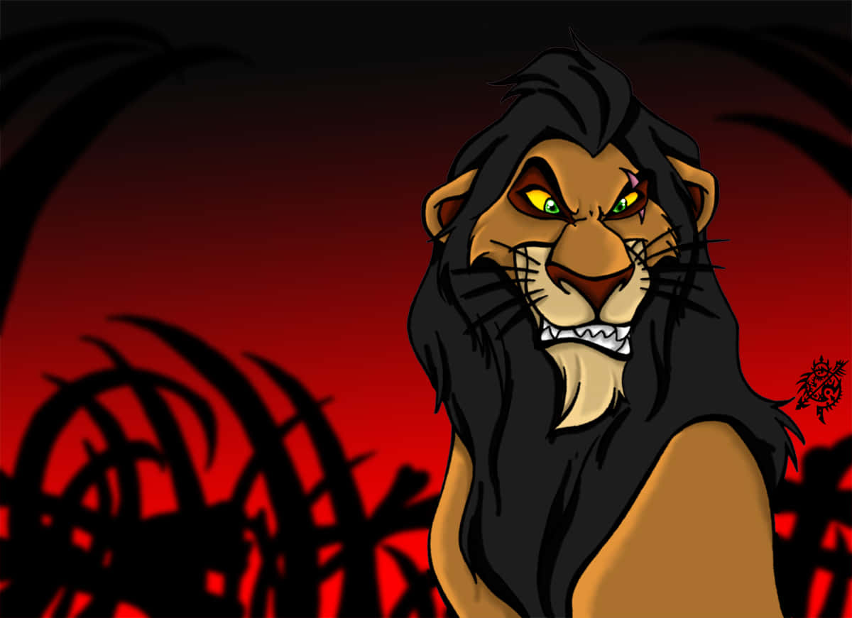 Lion King Scar 桌布 壁紙 — 一隻帶有發光綠色眼睛和黑色鬃毛的威脅性卡通獅子，在帶有黑色荊棘剪影的血紅色背景上兇猛地凝視。