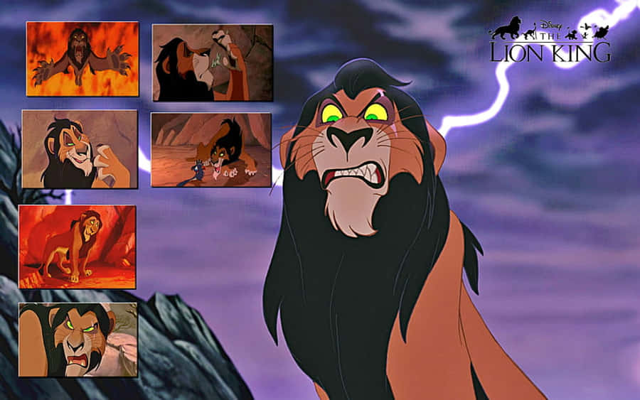Lion King Scar 桌布 壁紙 — 一隻帶有發光綠色眼睛的威脅性動畫獅子，在雷電交加的暴風雨紫色天空下咆哮，周圍環繞著《獅子王》的關鍵場景。