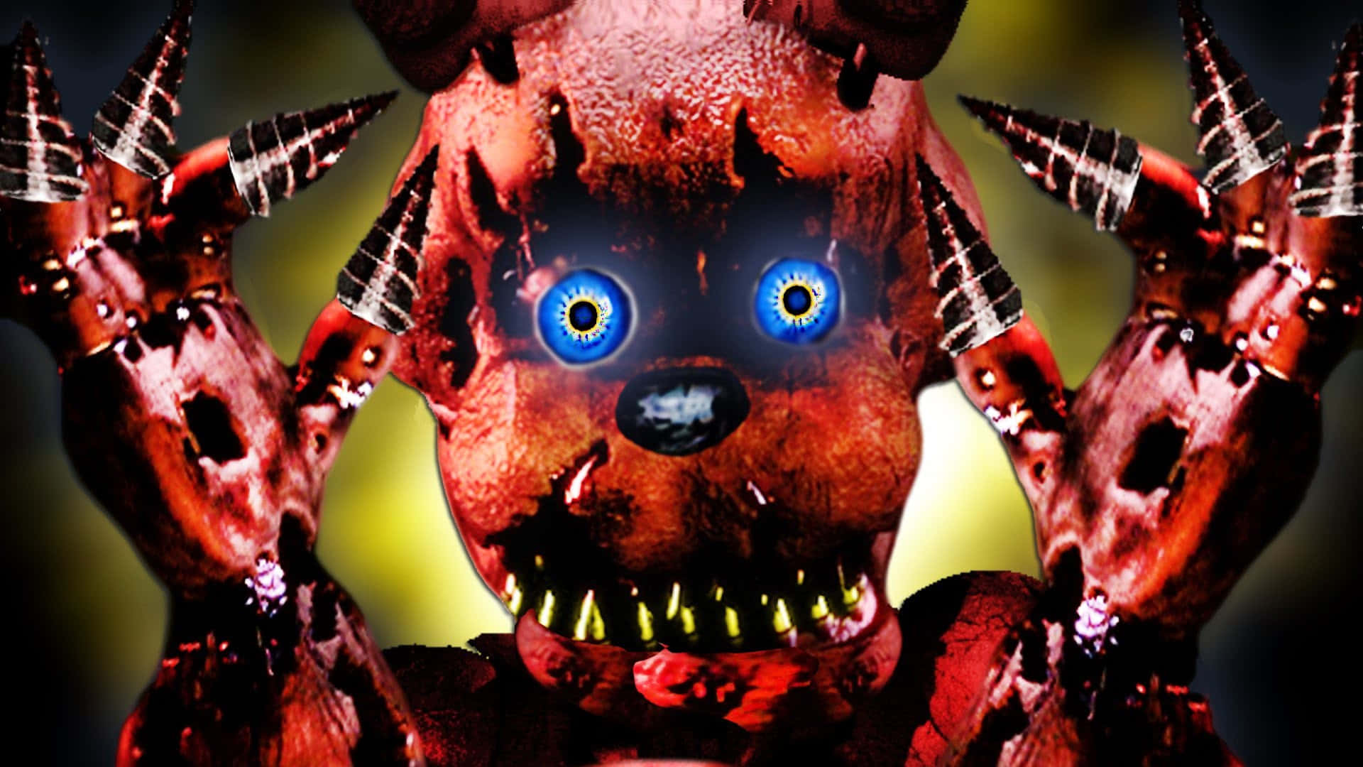 Scary Fnaf 桌布 壁紙 — 一隻帶有發光藍眼睛和尖刺手臂的威脅性紅色電子熊，在模糊的黃色背景上若隱若現。