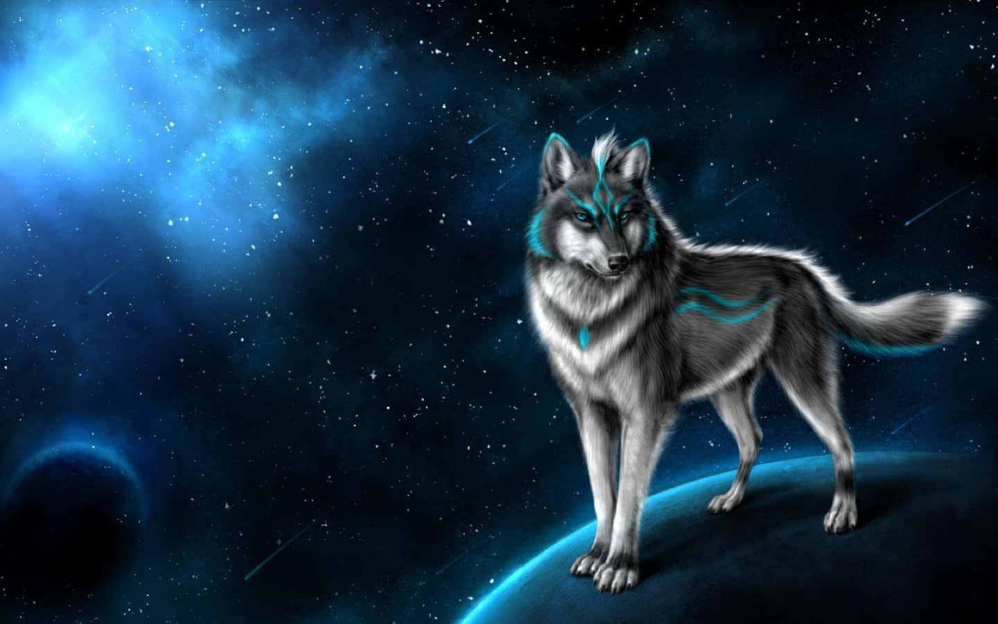 3d Wolf 桌布 壁紙 — 一隻帶有發光藍色標記的雄偉狼站在行星的彎曲邊緣上，背景是繁星點點的宇宙。