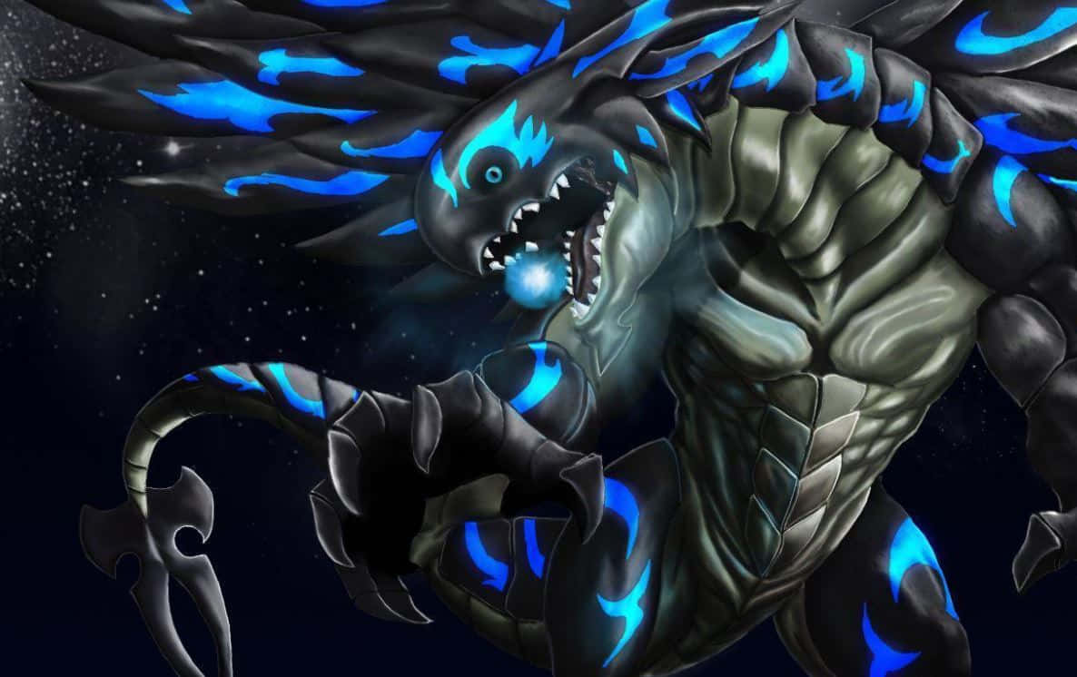Acnologia 桌布 壁紙 — 一隻帶有發光藍色火焰圖案的兇猛黑龍，在繁星宇宙背景下咆哮。