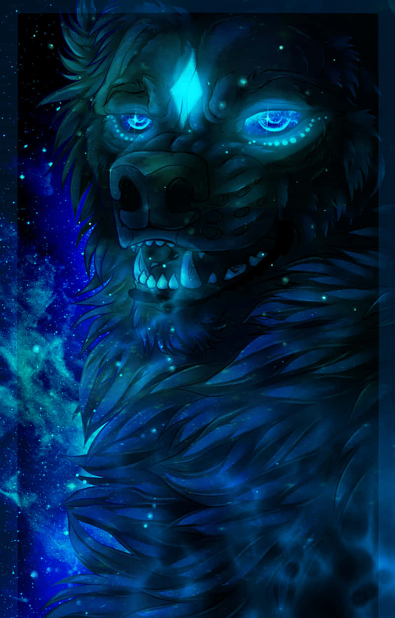 狼 桌布 壁紙 — 一隻帶有發光藍色眼睛和毛髮的威脅性狼，在星空夜空下與宇宙星雲背景融合。