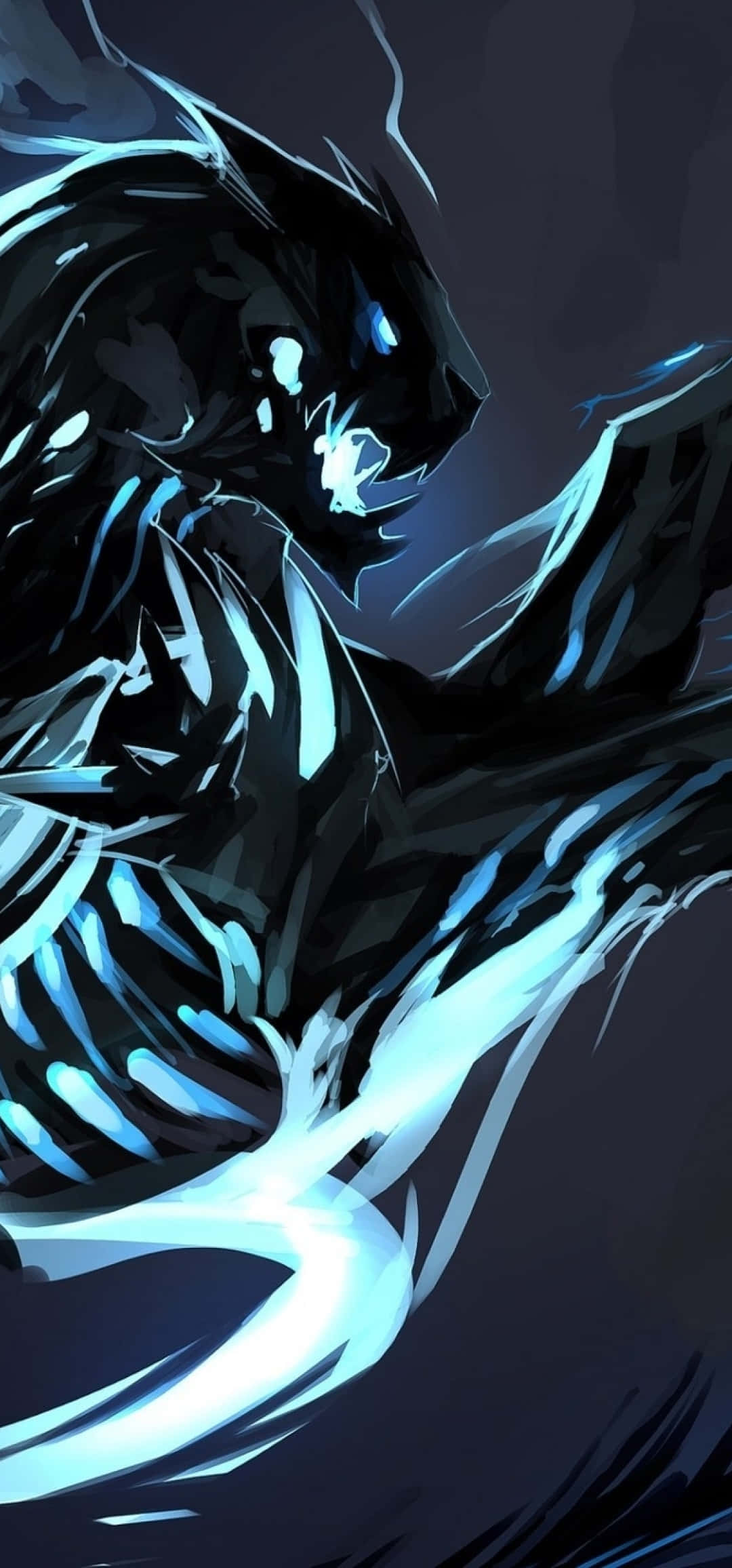 Acnologia 桌布 壁紙 — 一隻帶有發光藍色眼睛和爪子的威脅性黑豹，在黑暗背景前向前猛撲。