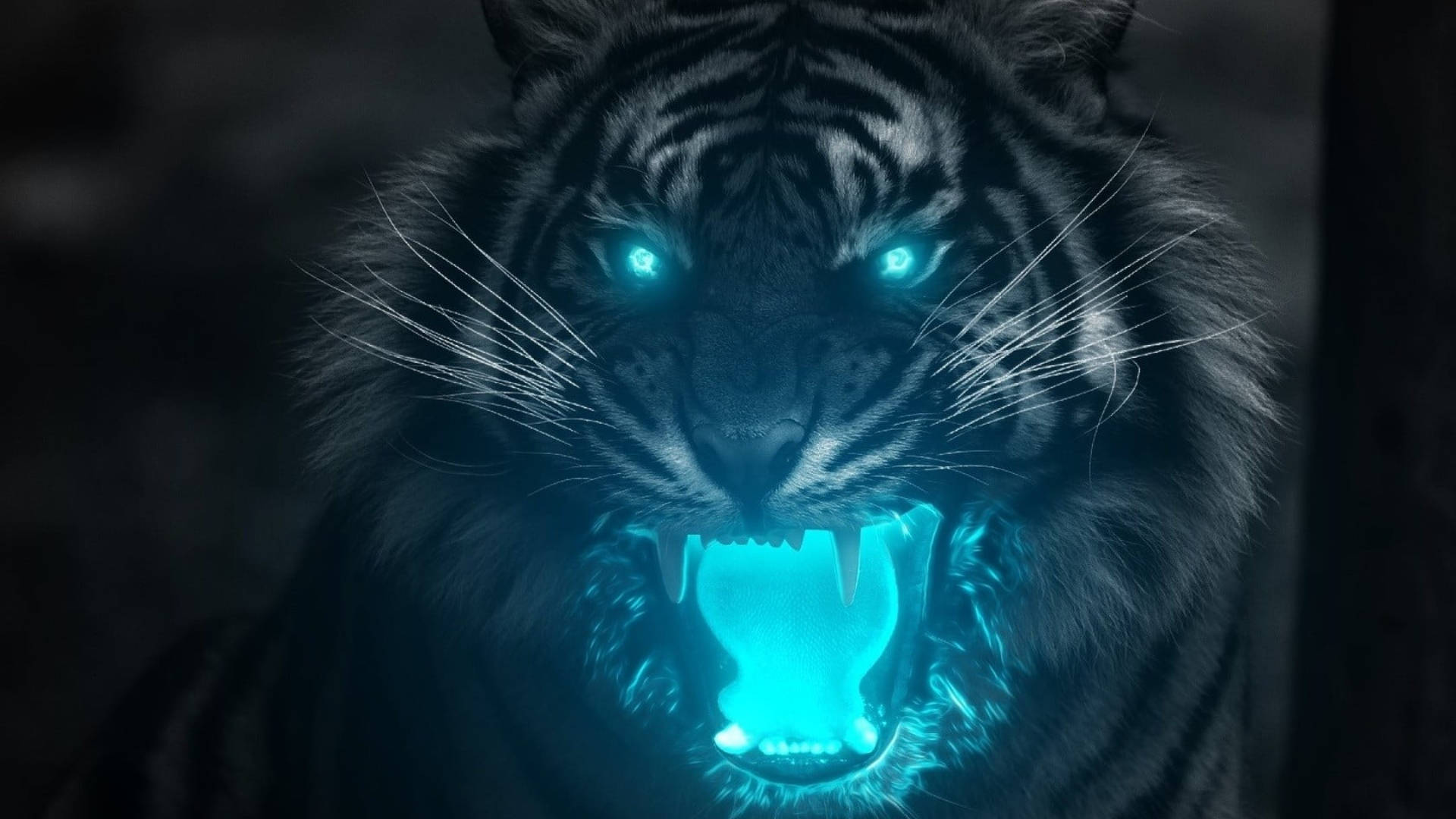harimau 桌布 壁紙 — 一隻帶有發光藍色眼睛和牙齒的兇猛黑虎在黑暗陰影環境中咆哮。