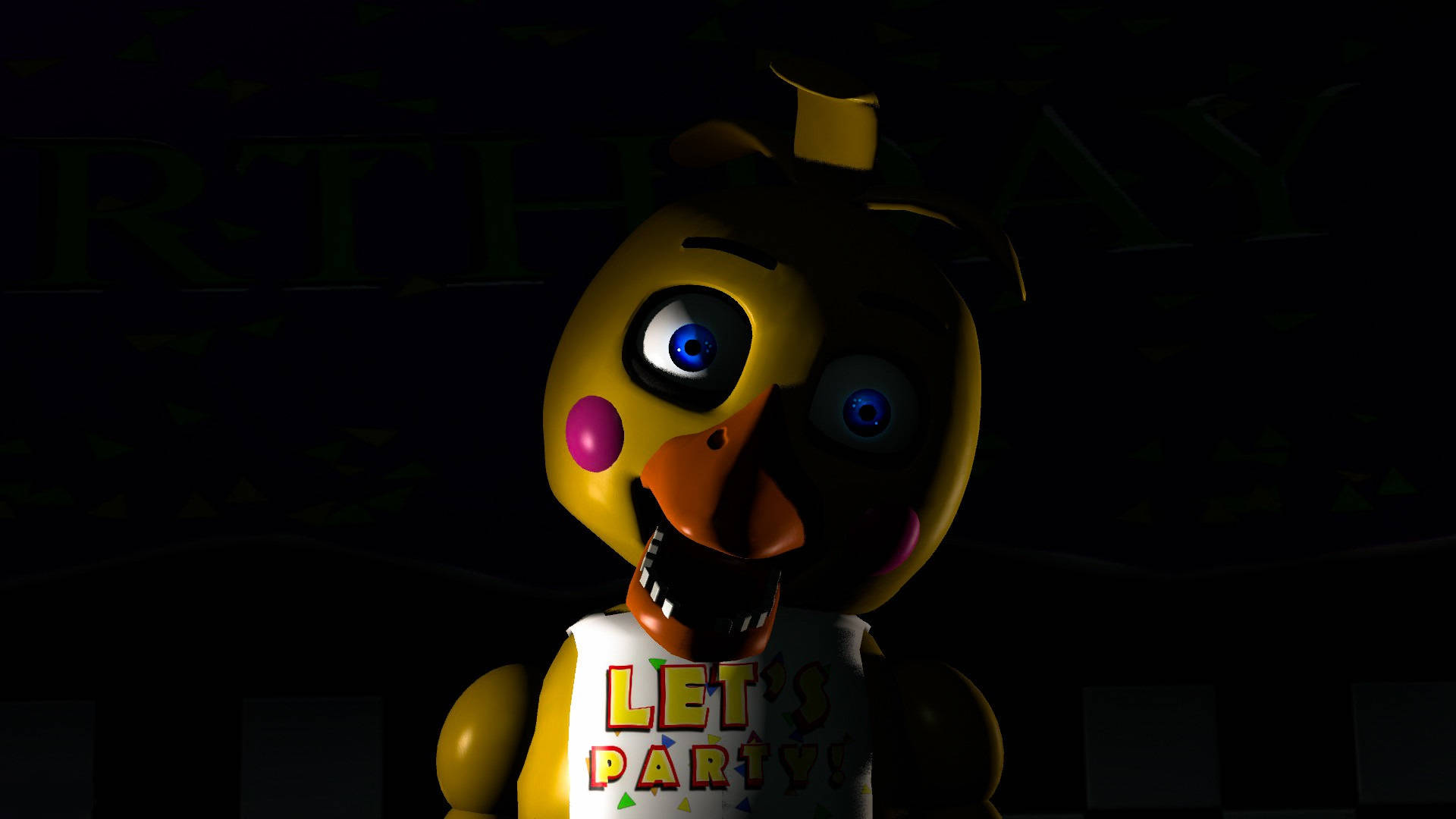 chica 桌布 壁紙 — 一隻帶有發光藍色眼睛和穿著「LET'S PARTY!」襯衫的威脅性黃色電子雞在黑暗的房間裡凝視著。