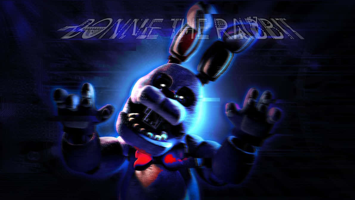 Bonnie The Bunny 桌布 壁紙 — 一隻帶有發光藍色眼睛和紅色點綴的威脅性電子兔，在黑暗的故障背景中伸出手。