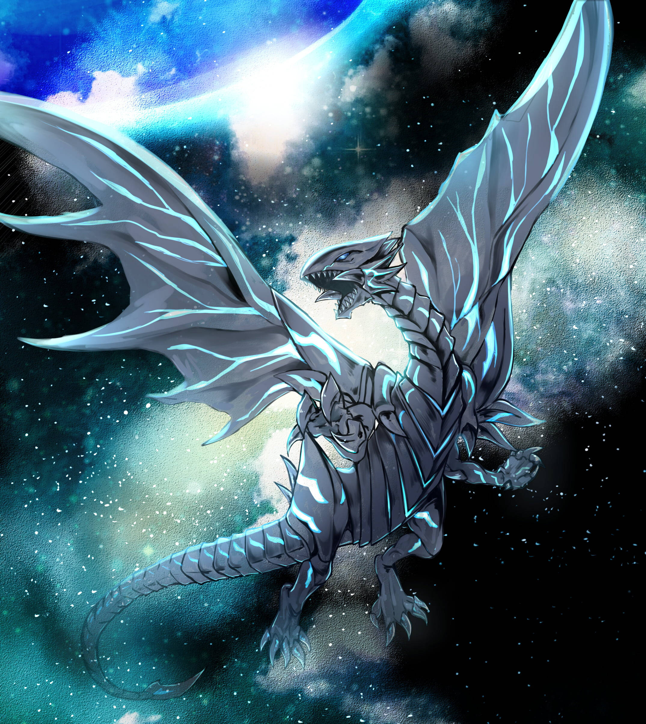Yu Gi Oh 桌布 壁紙 — 一隻帶有發光藍色血管的雄偉銀龍，翱翔於充滿星星和旋轉雲層的鮮豔宇宙星雲中。