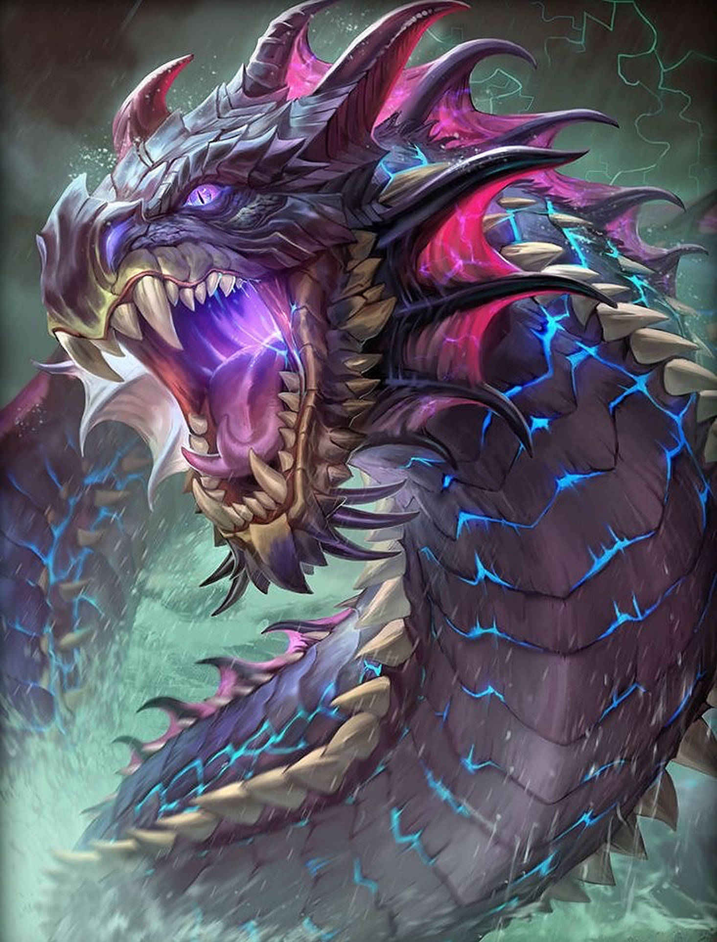 雷龍 桌布 壁紙 — 一隻帶有發光藍色閃電裂縫和鋒利尖角的紫色龍，在暴風雨的綠色背景下兇猛地咆哮。