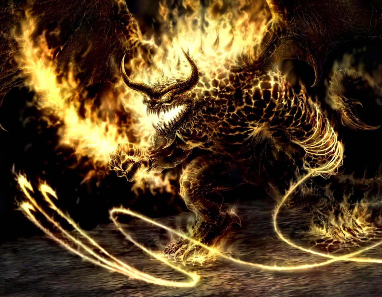 Cool Demon 桌布 壁紙 — 一隻帶有發光角和爪的火熱惡魔野獸，在黑暗煙霧環境中釋放出熾熱能量。