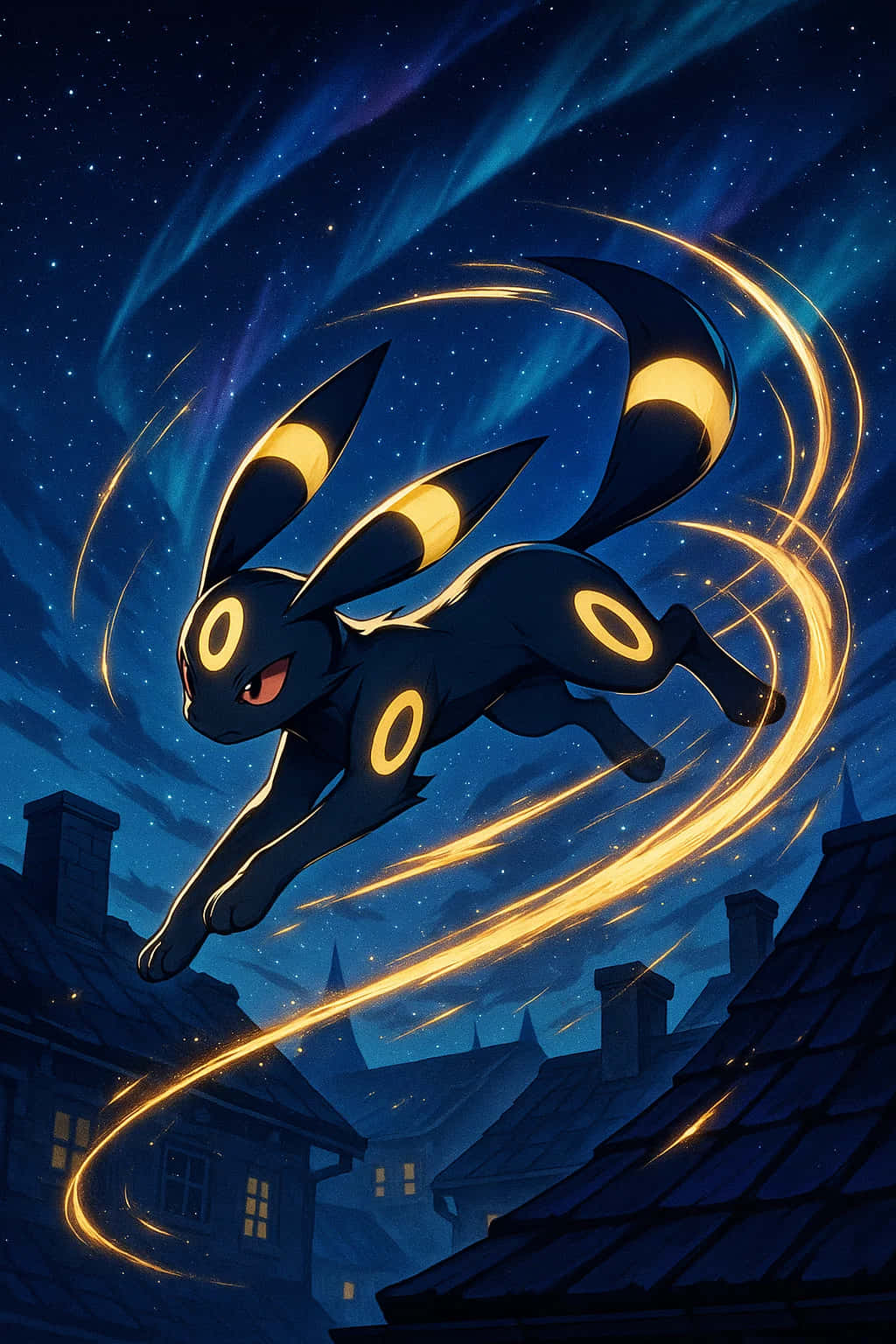 Umbreon Pokemon 4K HD Wallpaper WEBP MOBILE Backgrounds 壁紙 — 一隻帶有發光黃色圓圈的黑色月伊布跳過屋頂上方的星空夜空，留下金色運動軌跡。