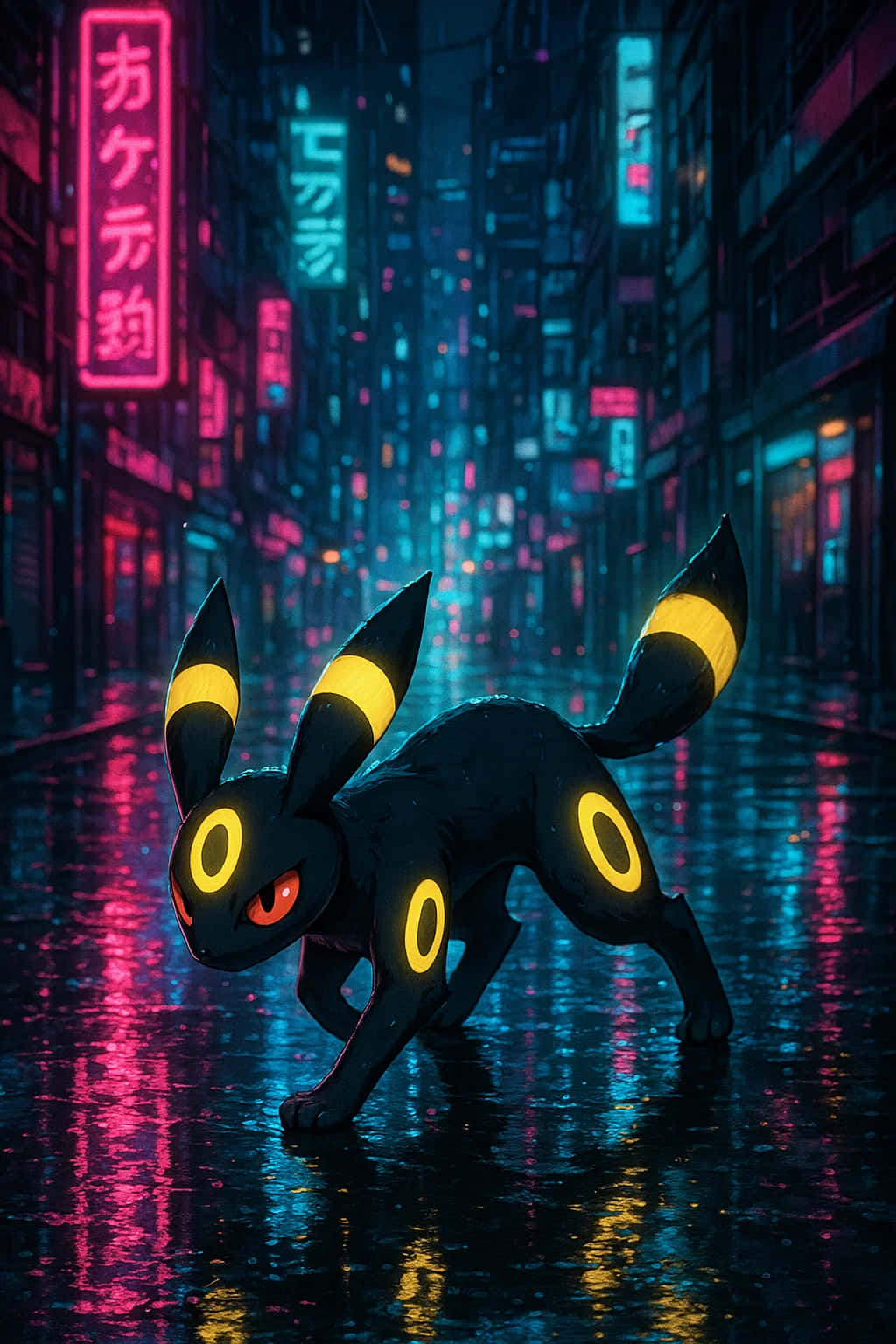 Umbreon Pokemon 4K HD Wallpaper WEBP MOBILE Backgrounds 壁紙 — 一隻帶有發光黃色標記的黑色月伊貝在濕滑的霓虹燈光下的賽博朋克小巷中潛行。
