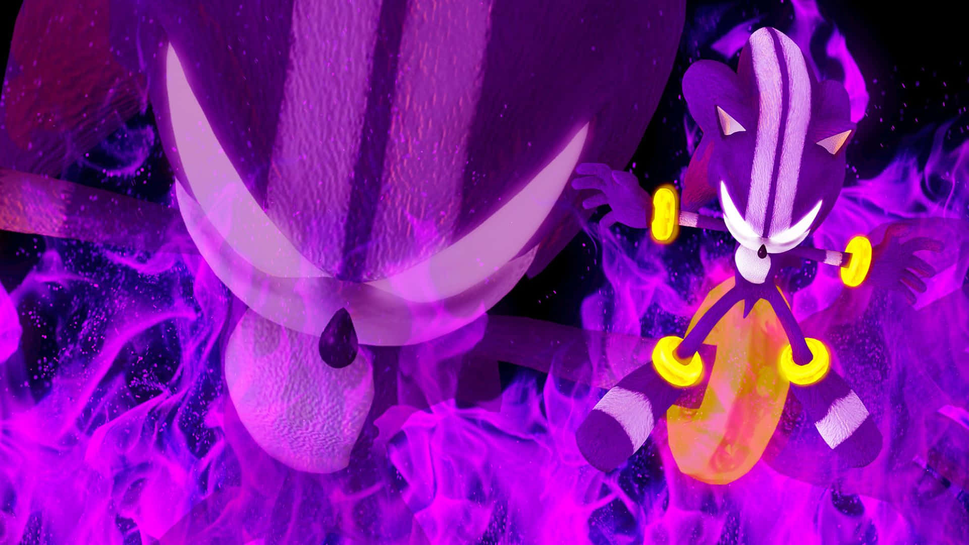 Sonic And The Secret Rings 桌布 壁紙 — 一隻帶有發光黃色環的威脅性紫色刺蝟，在旋轉的紫色火焰中面對一個巨大的陰影人物。