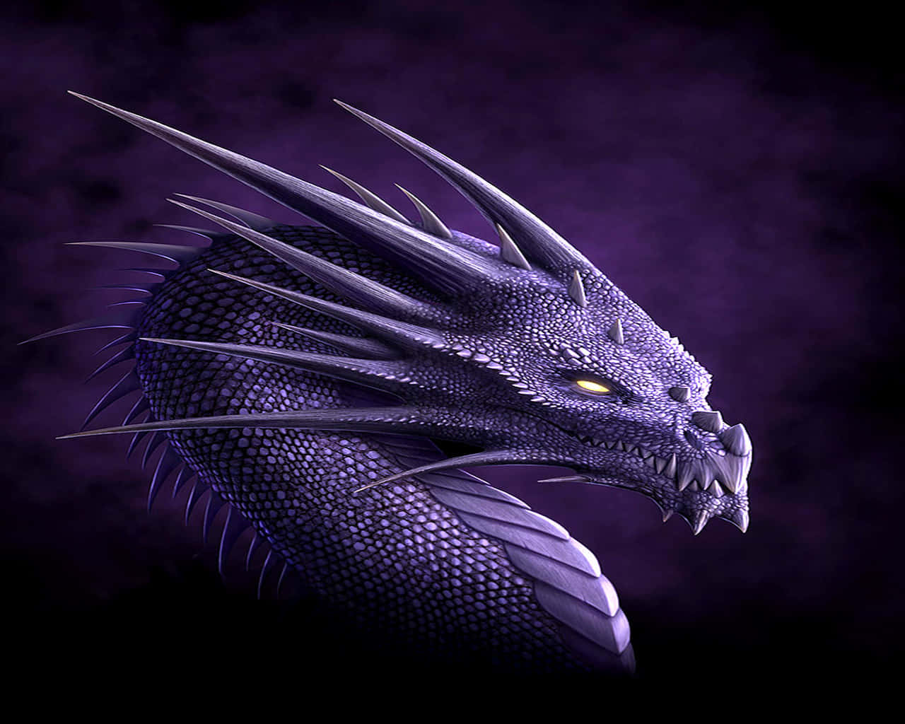 Real Dragon 桌布 壁紙 — 一隻帶有發光黃色眼睛和尖銳刺的威脅性紫色龍，在黑暗煙霧背景中強烈凝視。