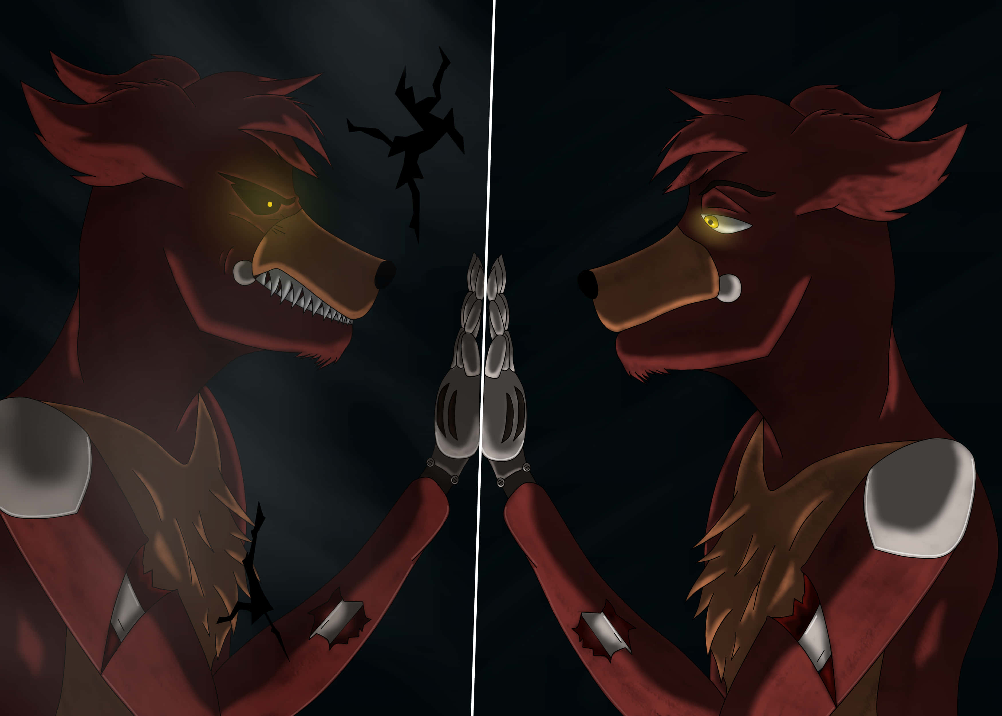 Foxy 桌布 壁紙 — 一隻帶有發光黃色眼睛和尖銳牙齒的威脅性紅色擬人狼，在破裂的鏡子中面對自己的倒影。
