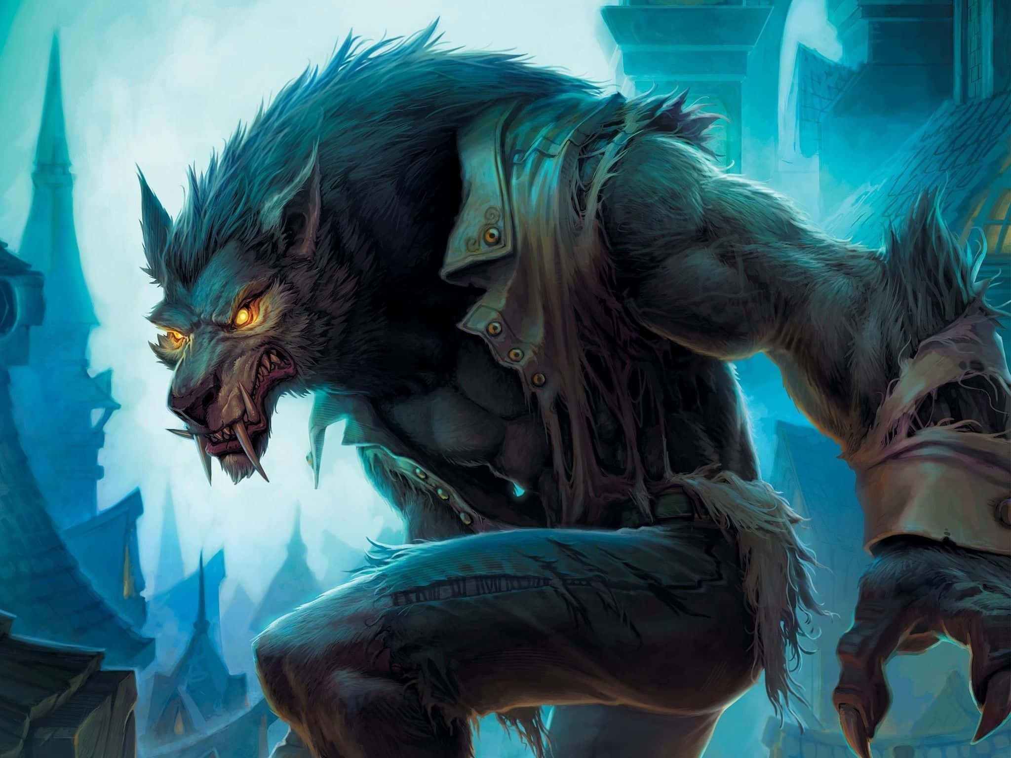 Werewolf Costumes 桌布 壁紙 — 一隻帶有發光黃色眼睛和破爛衣服的威脅性狼人，在霧氣瀰漫的藍色調哥德式城市景觀中徘徊。
