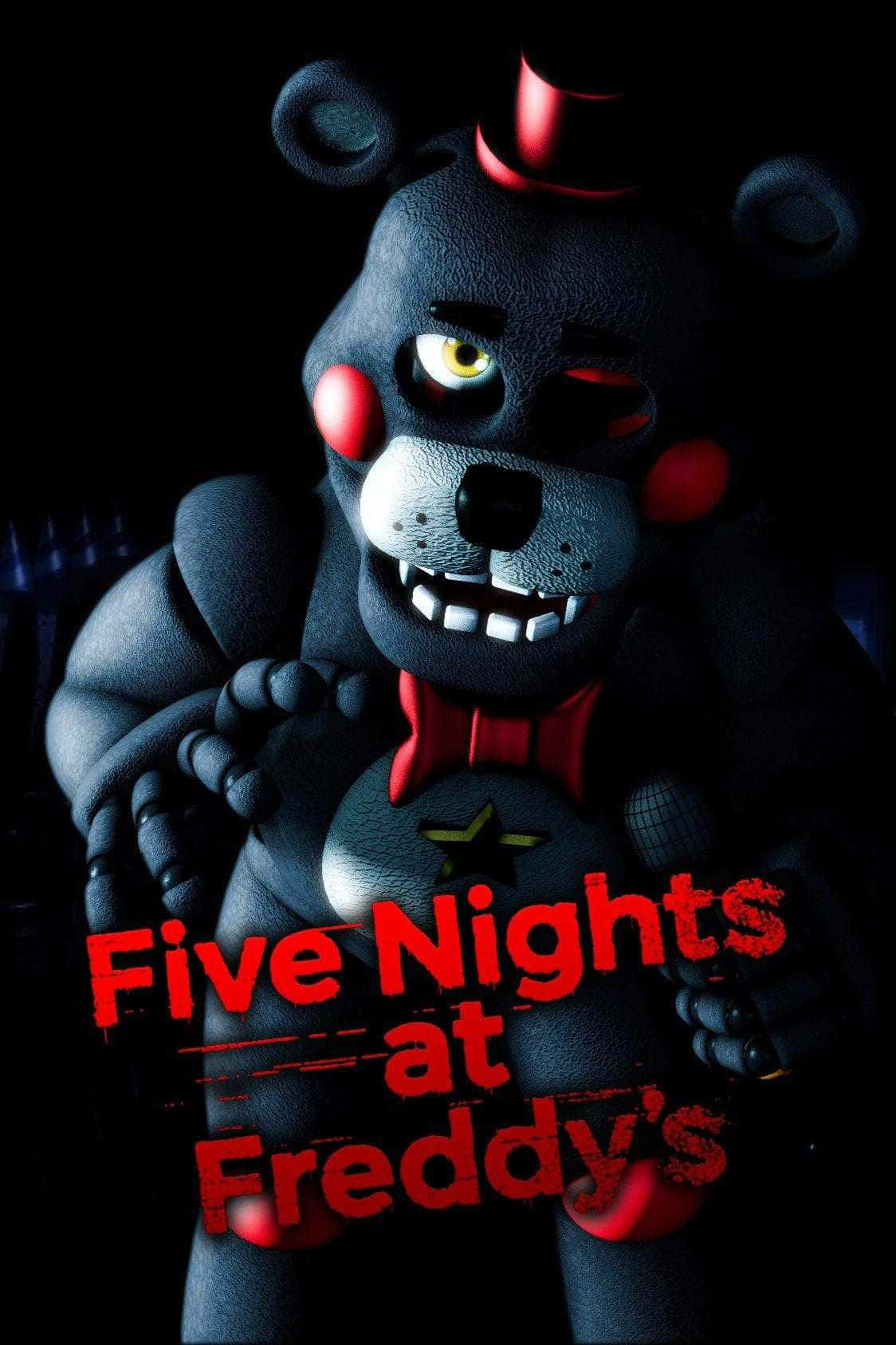 Scary Fnaf 桌布 壁紙 — 一隻帶有發光黃色眼睛和紅色蝴蝶結的威脅性黑色機械熊在黑暗中潛伏，並帶有「Five Nights at Freddy's」文字。